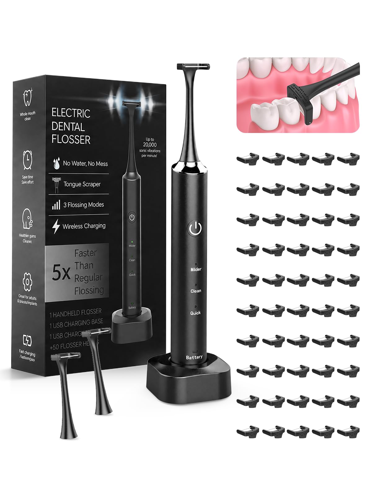Voraiya Flosser elettrico per denti, filo interdentale sonico senza fili, con 50 testine di ricambio, 20.000 VPM, 3 modalità, IPX7, ricaricabile, alternativa per adulti, adolescenti, parentesi graffe