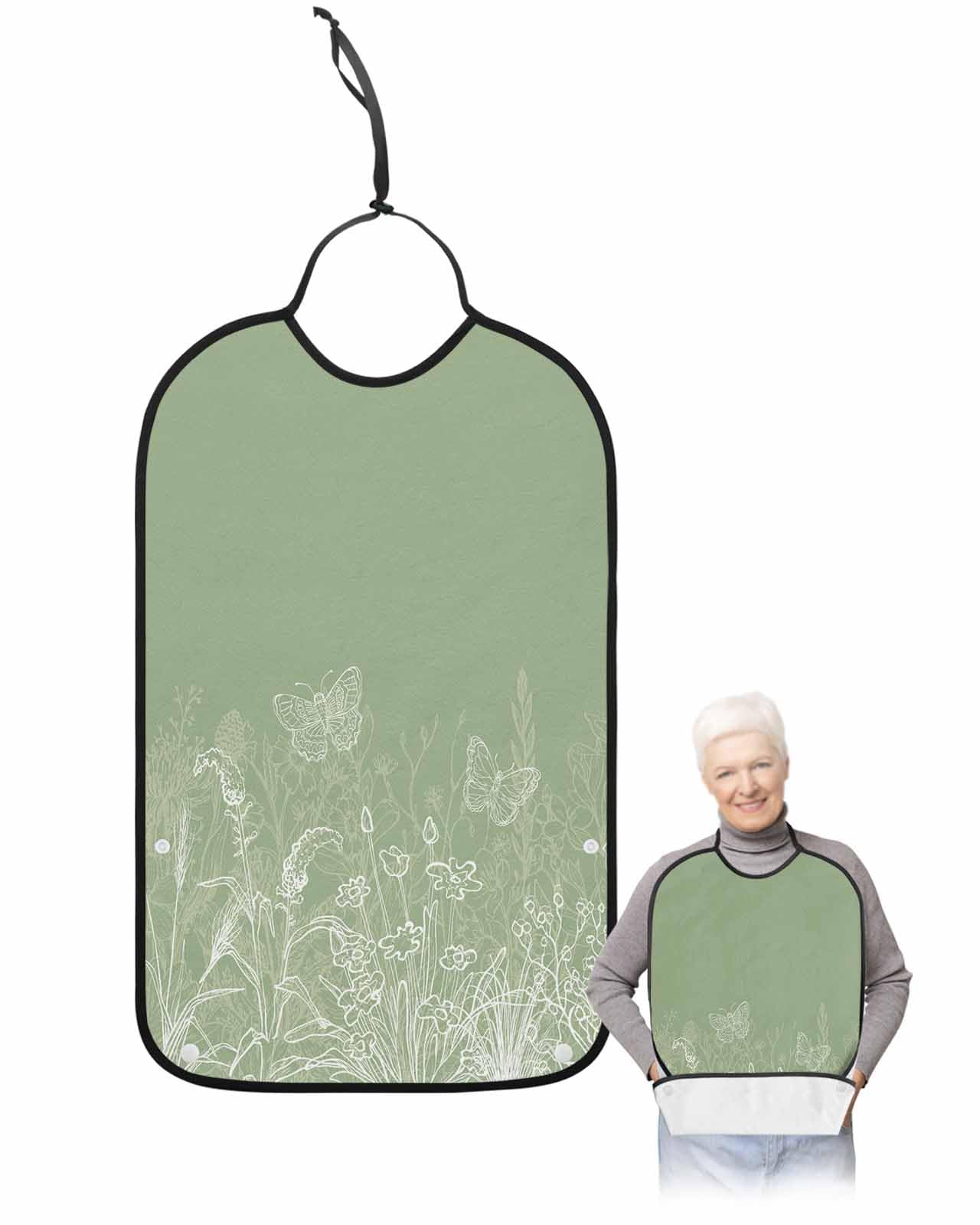 LEOKOTI Green Spring Floral Adult Bibs for Eating, Waterproof Bibs with Food Catcher & Adjustable Snap Closure, Modern Art Pastoral Summer Botanical Washable Clothing Protectors Adult Bibs for Elderly