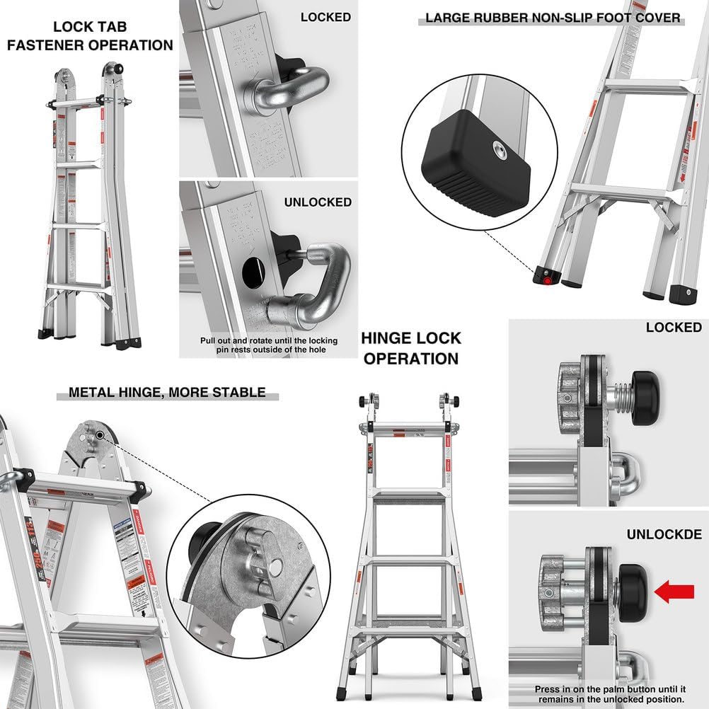 17 FT Multi-Position Aluminum Ladder, Foldable Extension Ladder with A-Frame & Straight Ladder Modes, Adjustable Folding Ladder with Push-Knob Hinges, Non-Slip Feet, 250 lbs Capacity