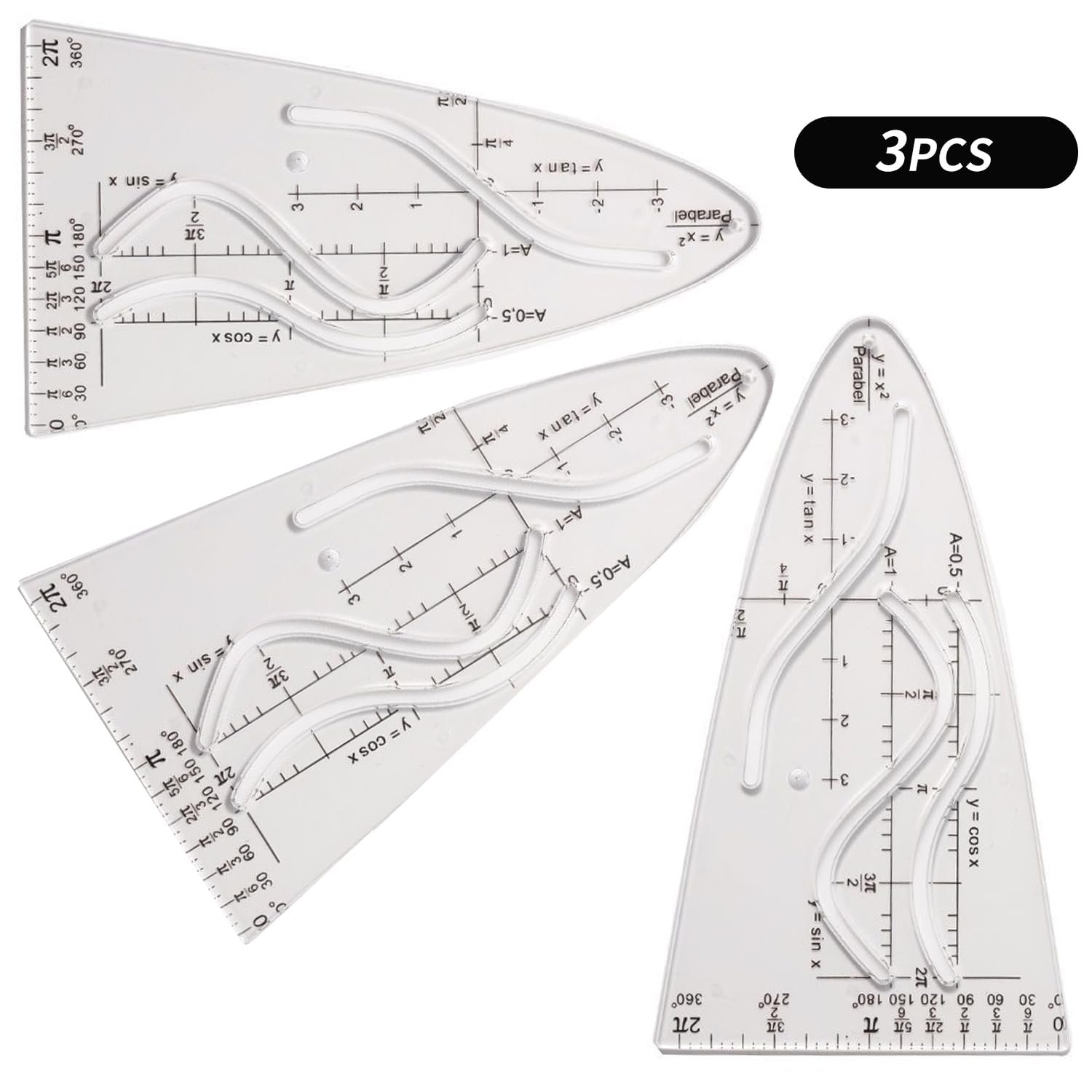 3-teiliges Parabel-Schablonen-Set – Für Mathe, Geometrie & Zeichnen, Aus Kunststoff