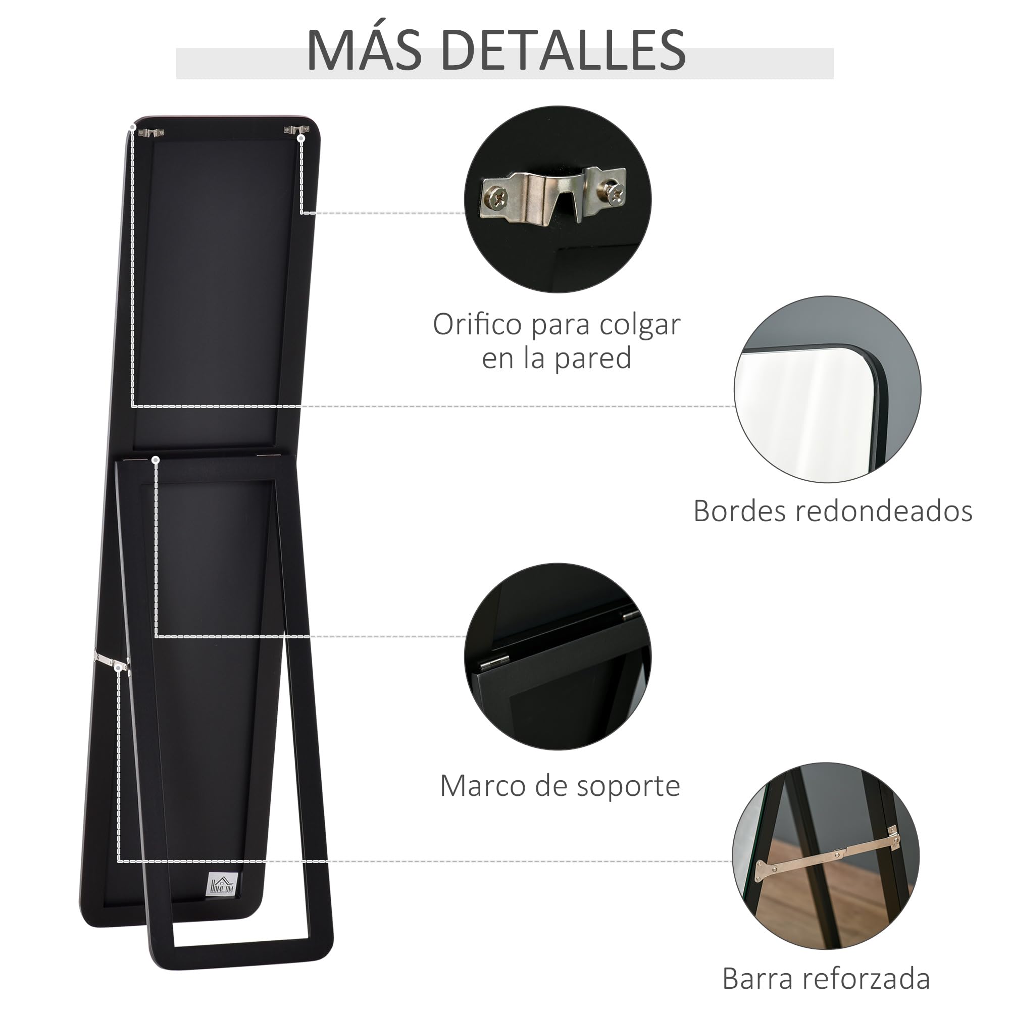 HOMCOM Espejo de Pie Cuerpo Entero Rectangular Espejo Pared con 2 Formas de Uso Marco de Madera de Pino Moderno para Pasillo Dormitorio Sala de Estar 37x43x156 cm Negro