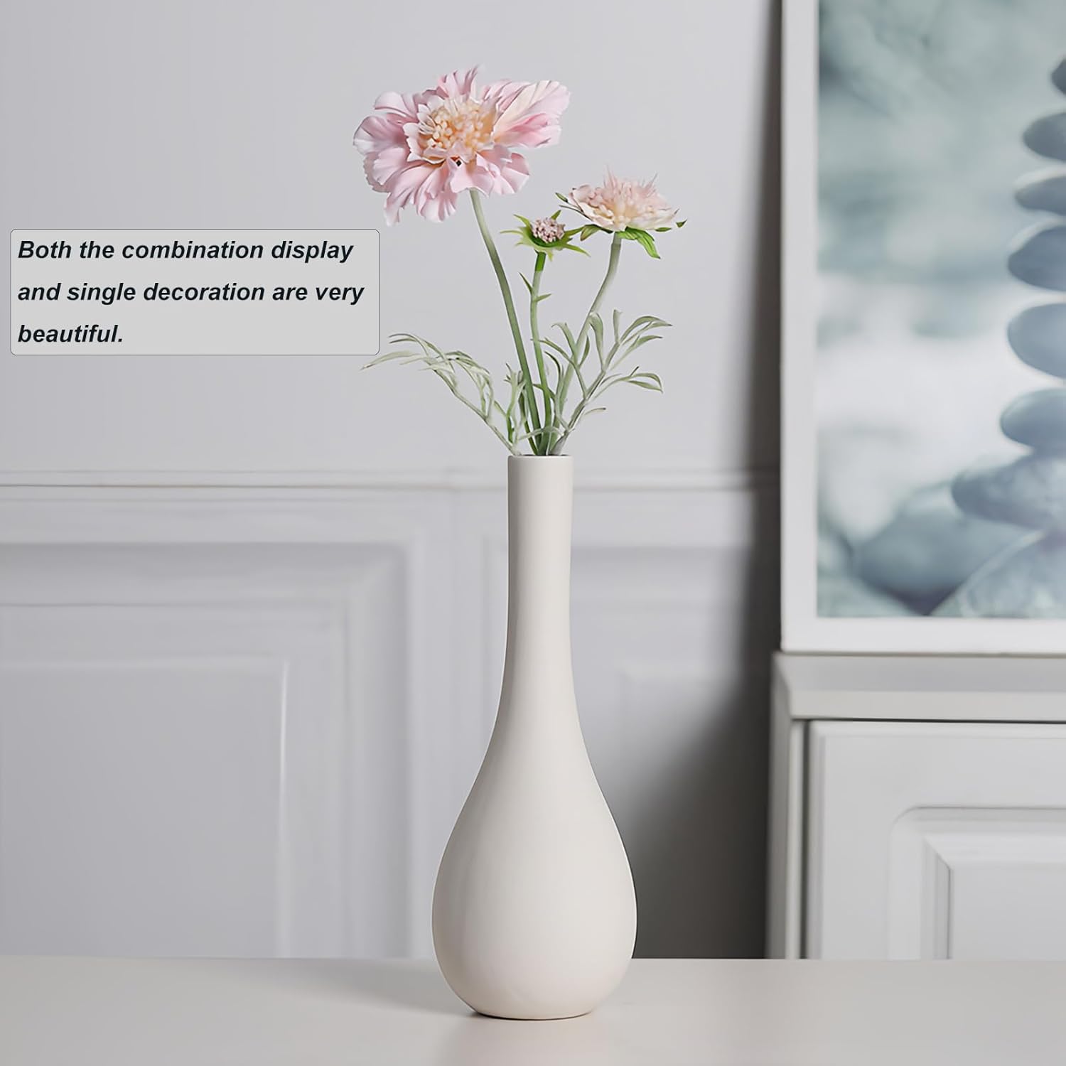 3-Piece Nordic Handmade White Ceramic Vase Set - Matte Finish Decor for Living Room, Coffee Table & Shelf - Unique Face, Waterdrop，Geometric Shapes - Modern Minimalist Home Decor