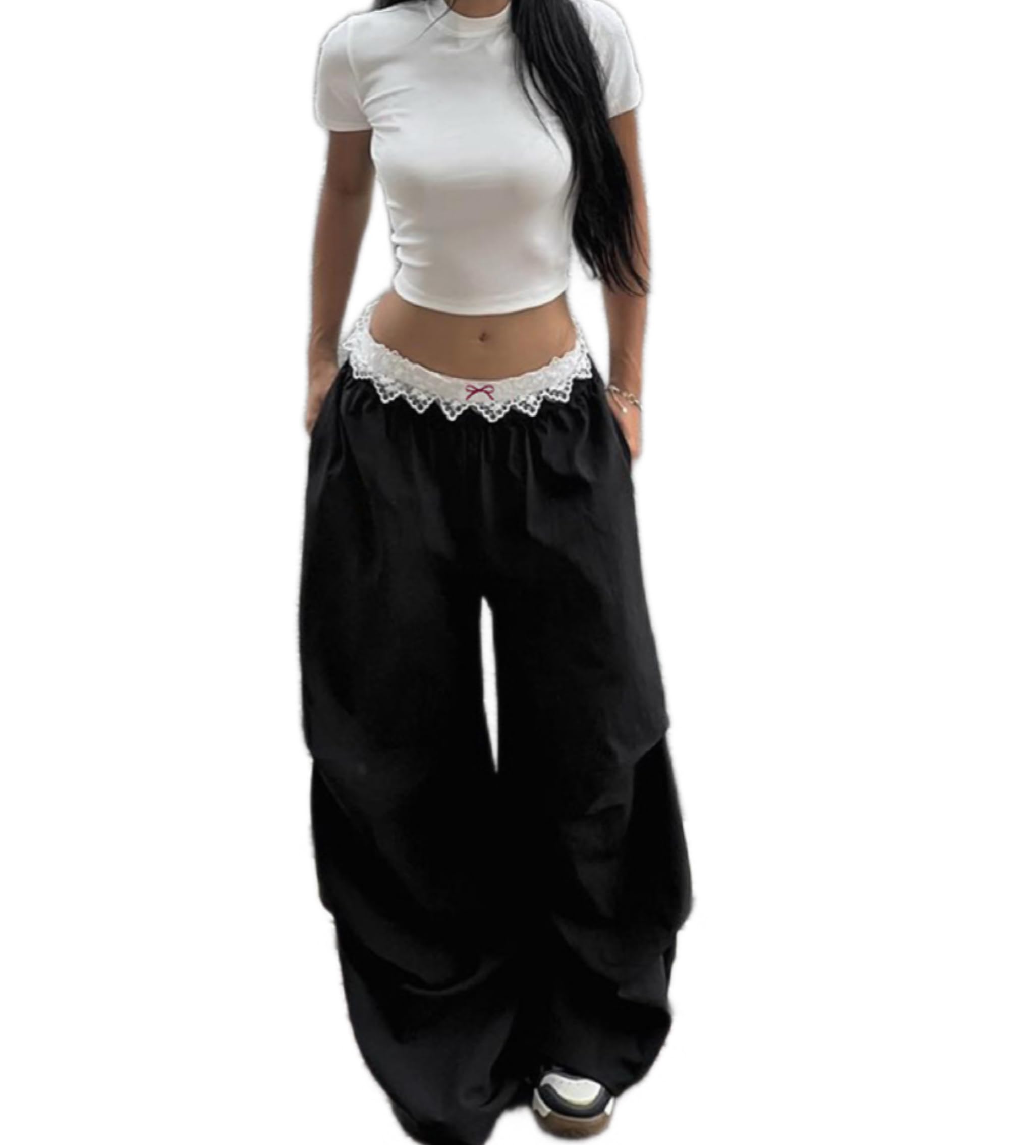 Cargo Pants for Women Y2K Low Waisted Wide Leg Fashion Streetwear Lace Casual Loose Thin Pants with Pockets