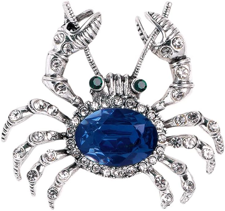 Rhinestone Crab Brooch Pin for Women Girls Unisex Silver Plated Blue Crystal Vintage Marine Animal Lapel Pins Cute Festival Decoration Christmas Birthday Party Jewelry Gift