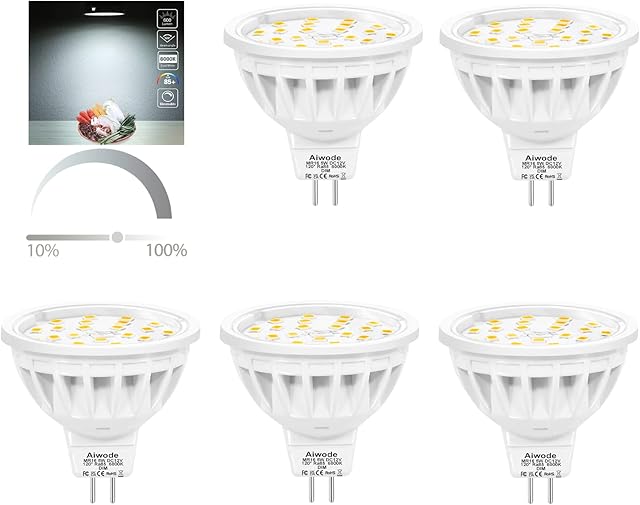 Aiwode Dimmable GU5.3 MR16 LED Bulbs,5W Daylight White 6000K,Equivalent 50W Halogen Lamp,600LM RA85,120°Beam Angle Gu5.3 Spotlight,Pack of 5.