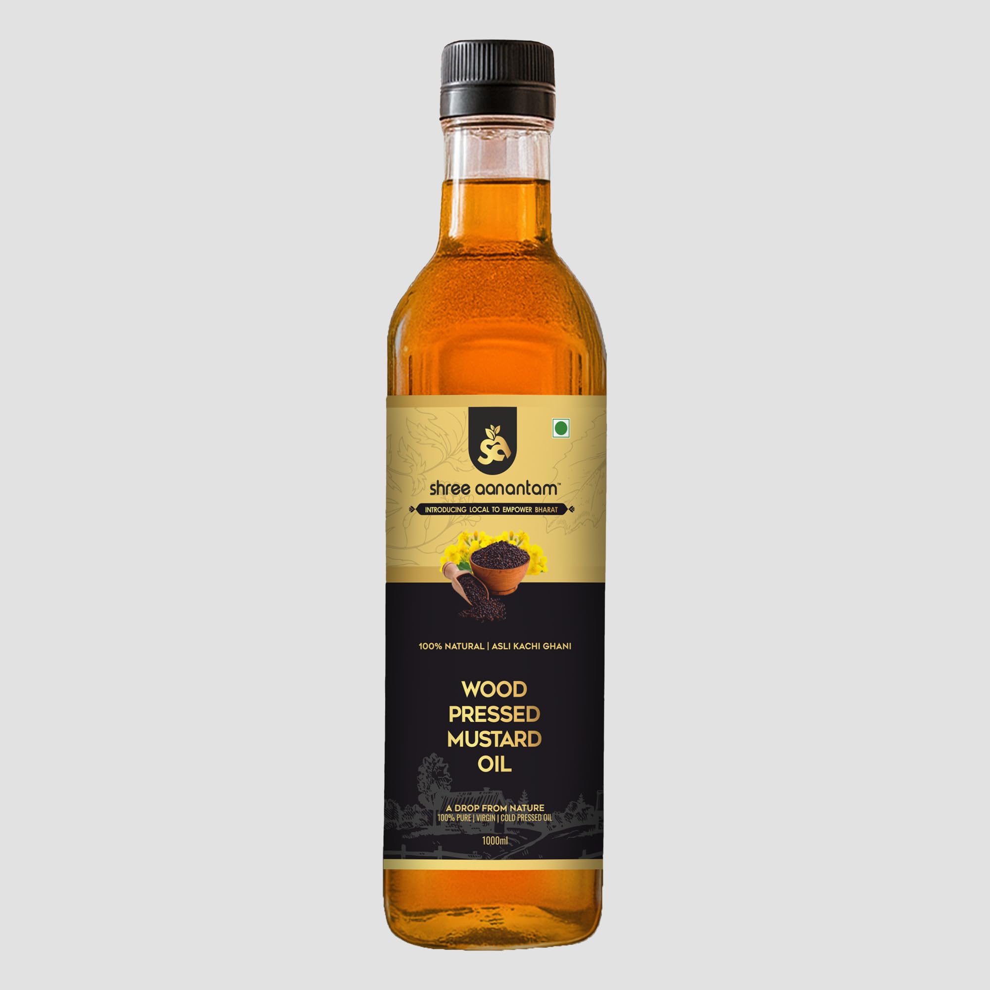 Shree Aanantam Kachi Ghani Cold Pressed Mustard Oil - 1L | Pure & Natural, Un...