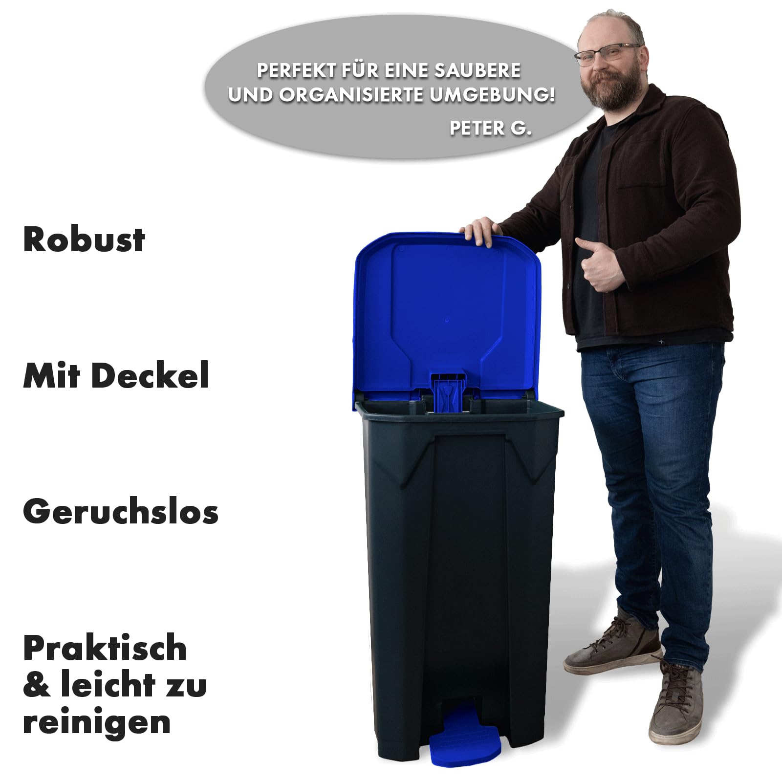 Casa Pura Mülltonne 100 Liter Blauer Deckel Tretmülleimer mit Step-On-Mechanismus