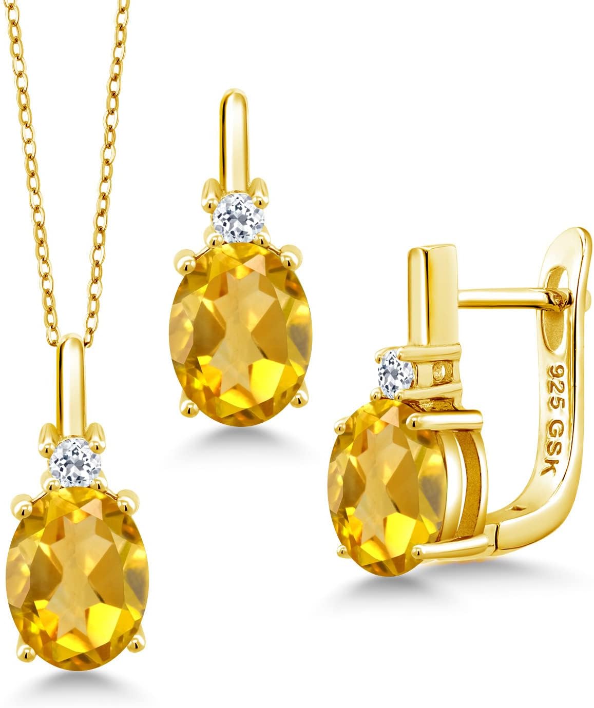 Gem Stone King Gemstone Birthstone and White Topaz Pendant and Earrings Jewelry Set for Women in 18K Yellow Gold Plated Silver | Oval 8X6MM and Round 2.5MM | With 18 Inch Chain