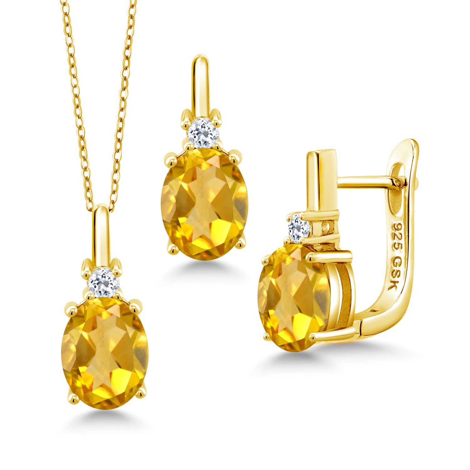 Gem Stone King18K Yellow Gold Plated Silver Yellow Citrine and White Topaz Pendant and Earrings Jewelry Set For Women (4.59 Cttw, Gemstone Birthstone, with 18 inch Chain)