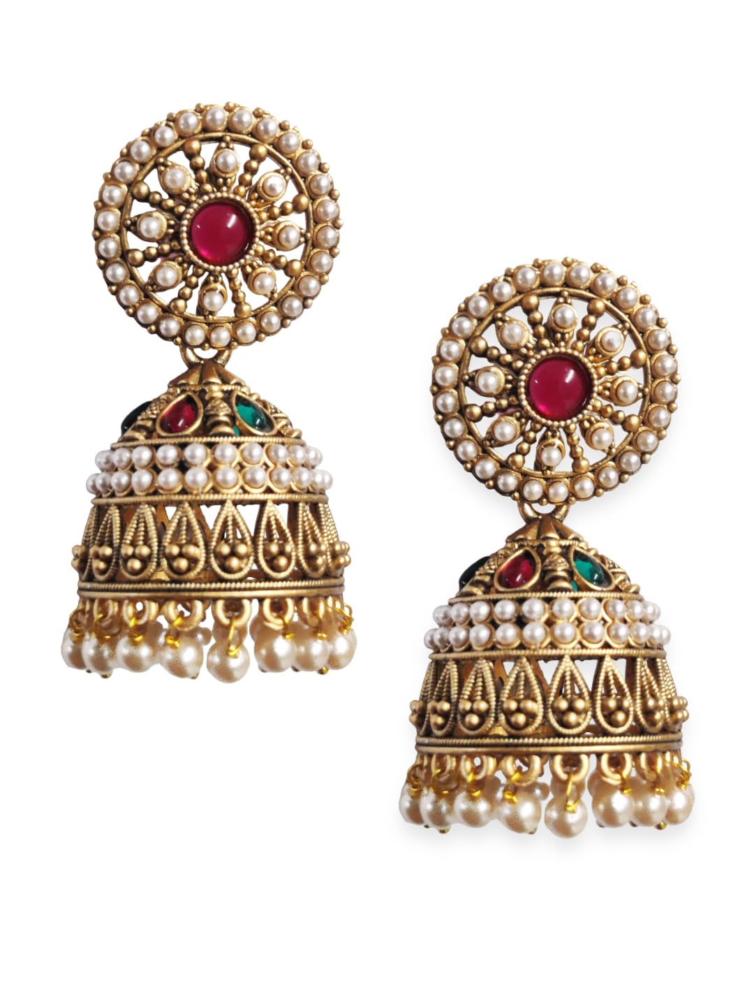 fabula Jewellery Gold Jadau Jhumka Earrings - Maroon & Green Stones & Pearls - For Women & Girls Stylish Latest (CKE375_Z2) (B0DCK4X3LG) Amazon Price History, Amazon Price Tracker