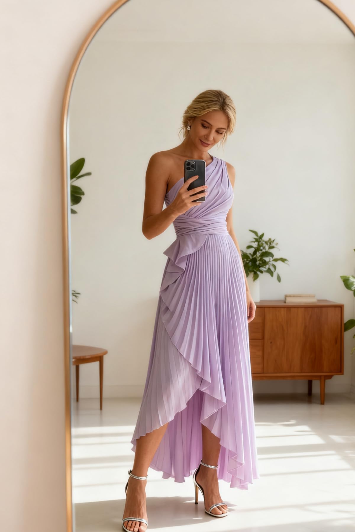 JAEDEN Ein Schulter Satin Brautjungfernkleider - Damen A Linie Abendkleid Plissee Ballkleider mit Schlitz