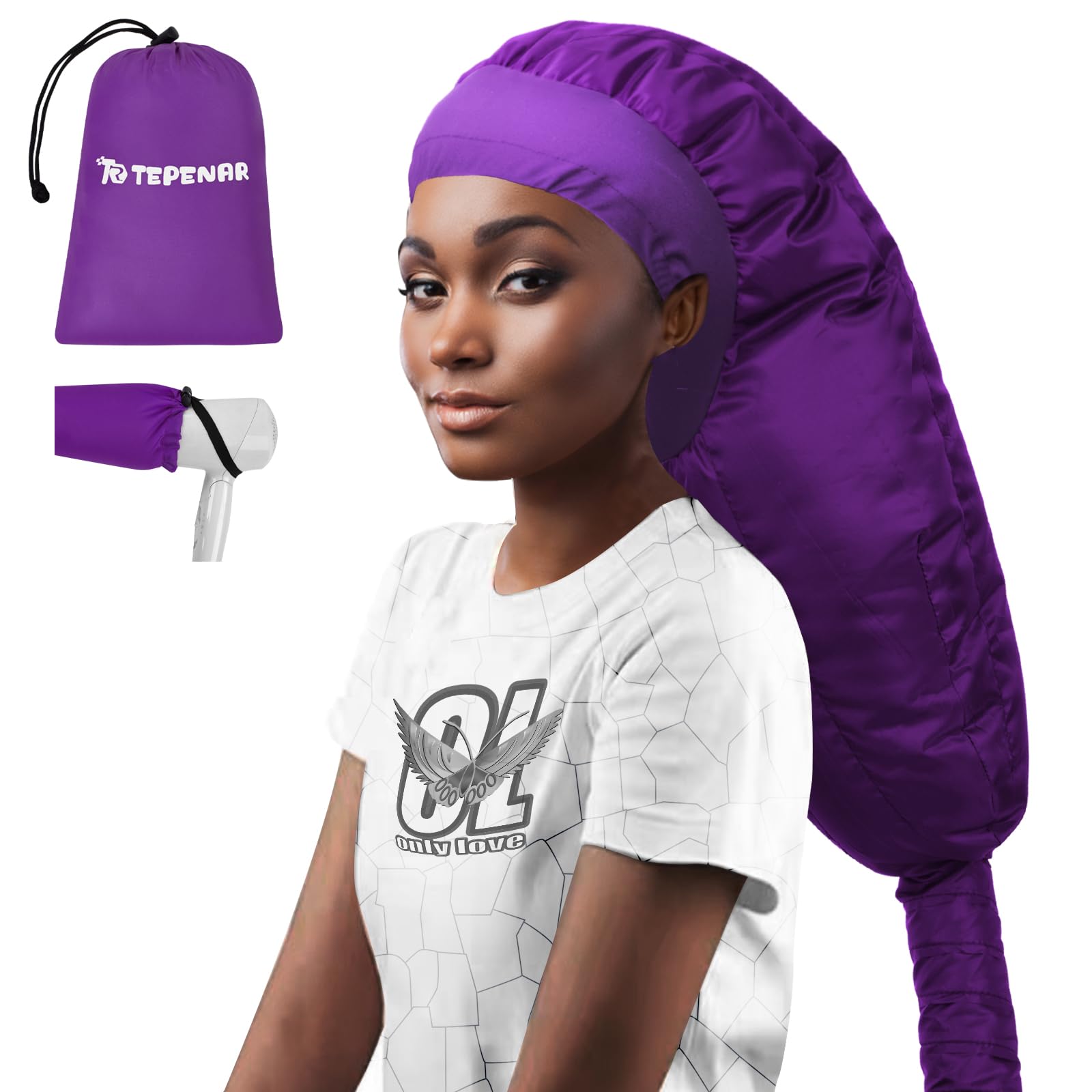 Hair Dryer Bonnet Attachment: Upgraded Extra Large Hooded Dryer Adjustable Hair Dryer Caps - Easy to Use for Natural Curly Textured Hair Care Styling Fast Drying - Purple