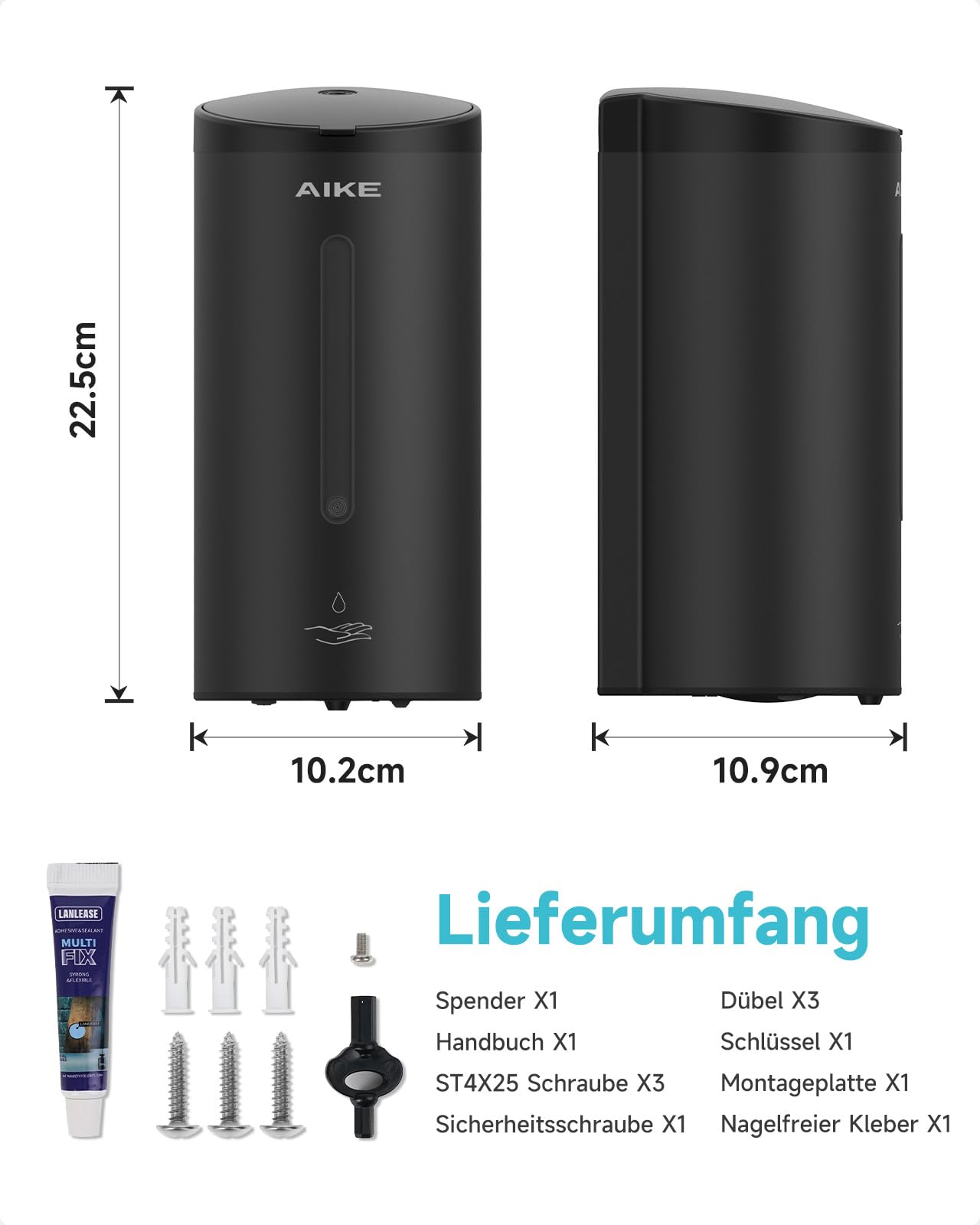 AIKE Automatischer Wand-Seifenspender, Für Bad Und Restaurant, AK1205E | 740 Ml Große Kapazität, Fünf Stufen Einstellbar, Wasserdichter Seifenspender Für Den Haus- Oder Gewerbebereich