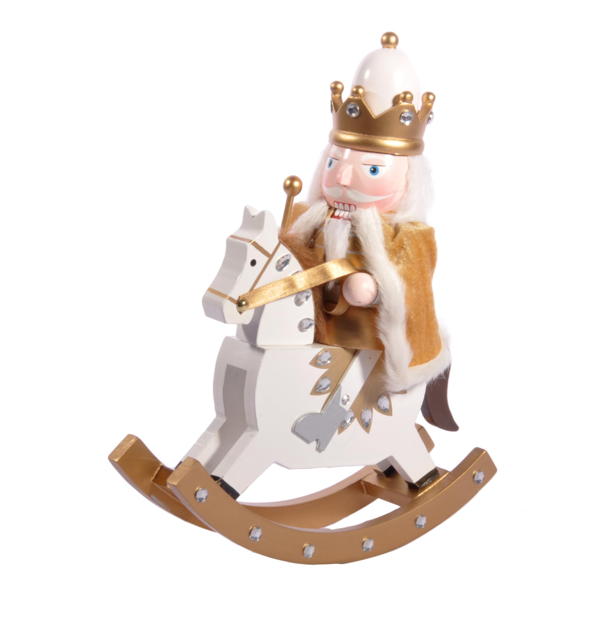 Ciao- Schiaccianoci Natale Soldatino Re a cavallo con mantello (28cm) in legno e tessuto, bianco/oro