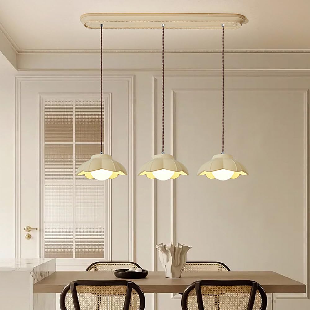 HUAYUSEDF Cream Style Pendant Light Fixtures Flower Shaped Kitchen Resin Lighting Over Island Dining Room Fixture Modern Chandelier E26 Base Hanging Lamp Height-Adjustable