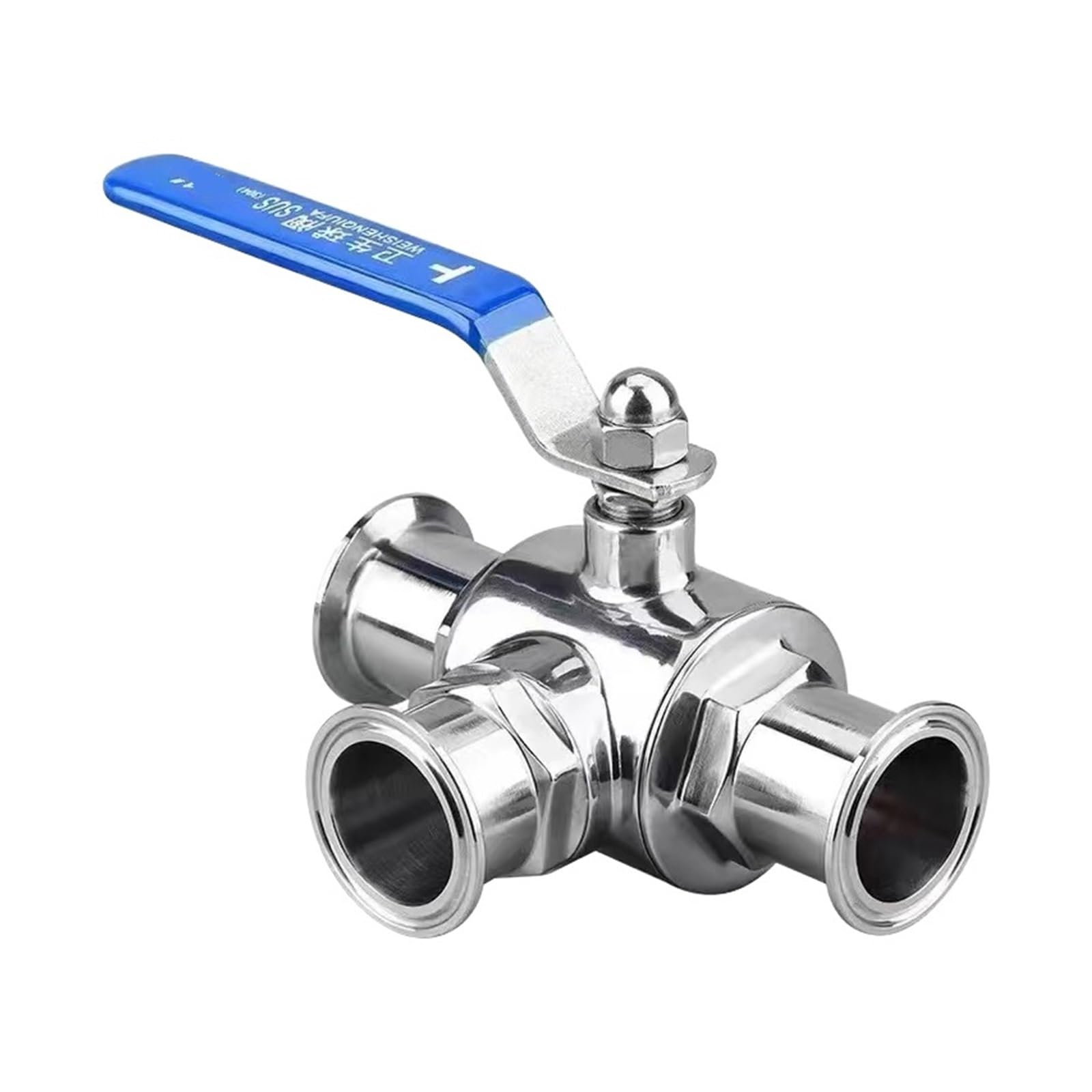 Vanne trois voies clamp inox 316 à bille en T ouverture rapide 59mm
