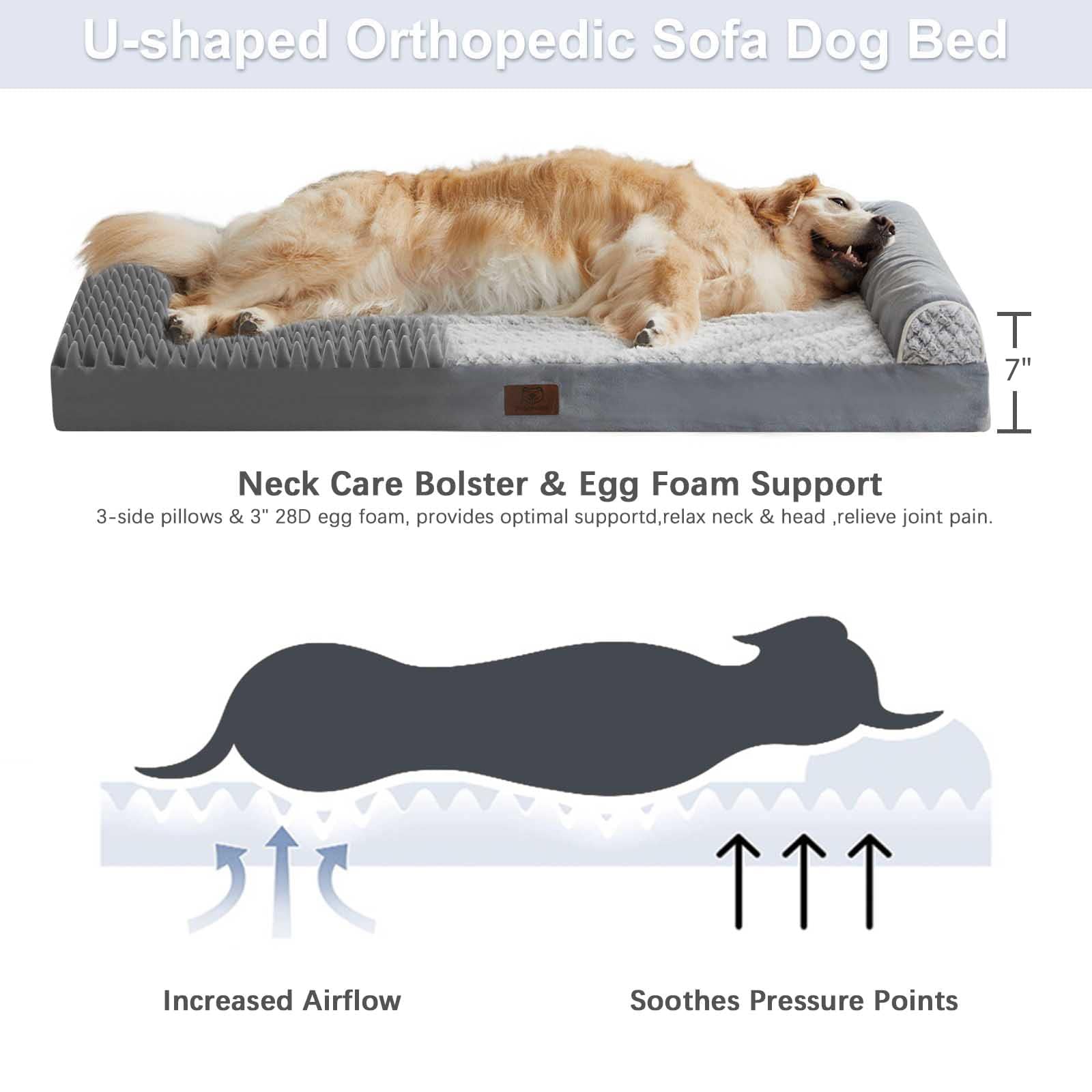 WNPETHOME Orthopedic Dog Beds for Extra Large Dogs, Waterproof Memory Foam XL Pet Bed with Sides, Non-Slip and Egg-Crate Foam Big Dog Couch Bed with Washable Removable Cover, Grey - image 5
