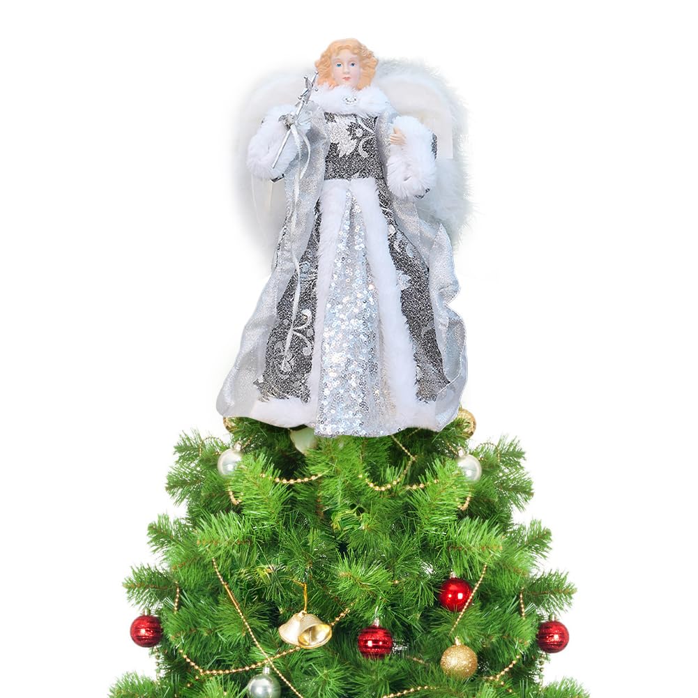 Christmas Tree Topper Angel, Angel Christmas Treetop Figurine, Xmas Tree Toppers Decorations Ornament with White Feather Wings for Holiday Adornment