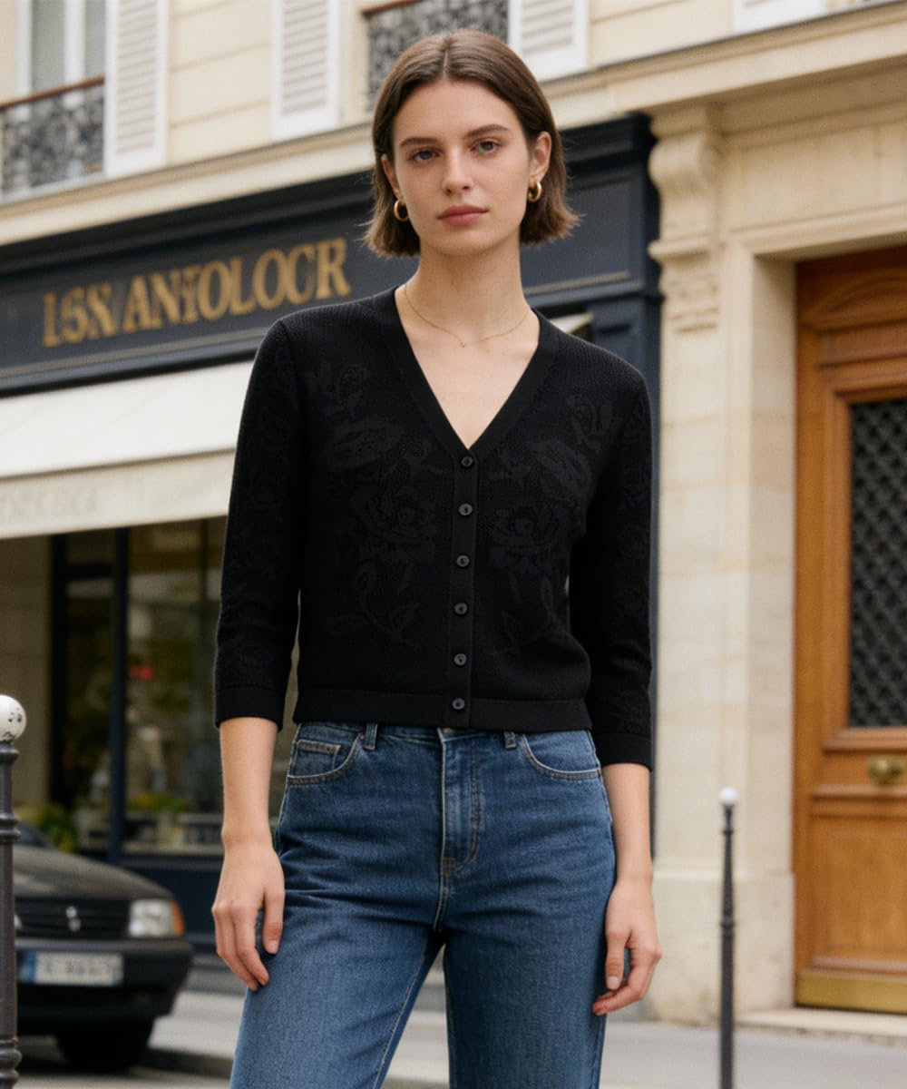 Belle Poque Womens Summer Cropped Cardigan Sweaters Lightweight Crochet Bolero Shrugs 3/4 Sleeve Button Down V Neck Cardigans - Image 2