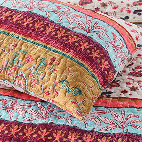 Boho Style King Quilt Set Reversible Bohemian Floral Strip Quilt Beddding Set, Soft and Lightweight Bedspread for All Season, Oversize King Bed Coverlet with 2 Matching Pillow Shams (3 Pieces) by HORIMOTE HOME - Used condition - Image 4