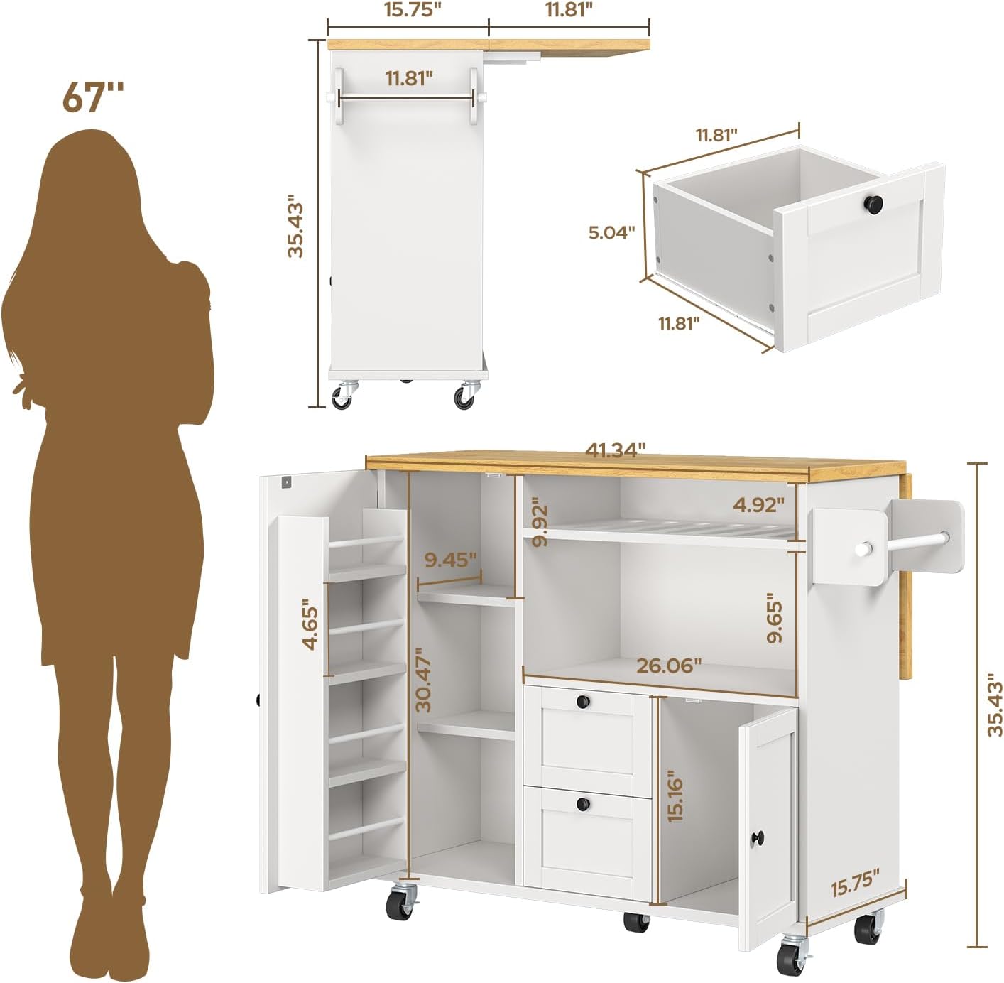 knoworld Rolling Kitchen Island with Storage Cabinet, 41.3'' Width Kitchen Cart with Desktop Drop Leaf Countertop, Portable Mobile Island with Towel Rack, Spice Rack Shelf, White