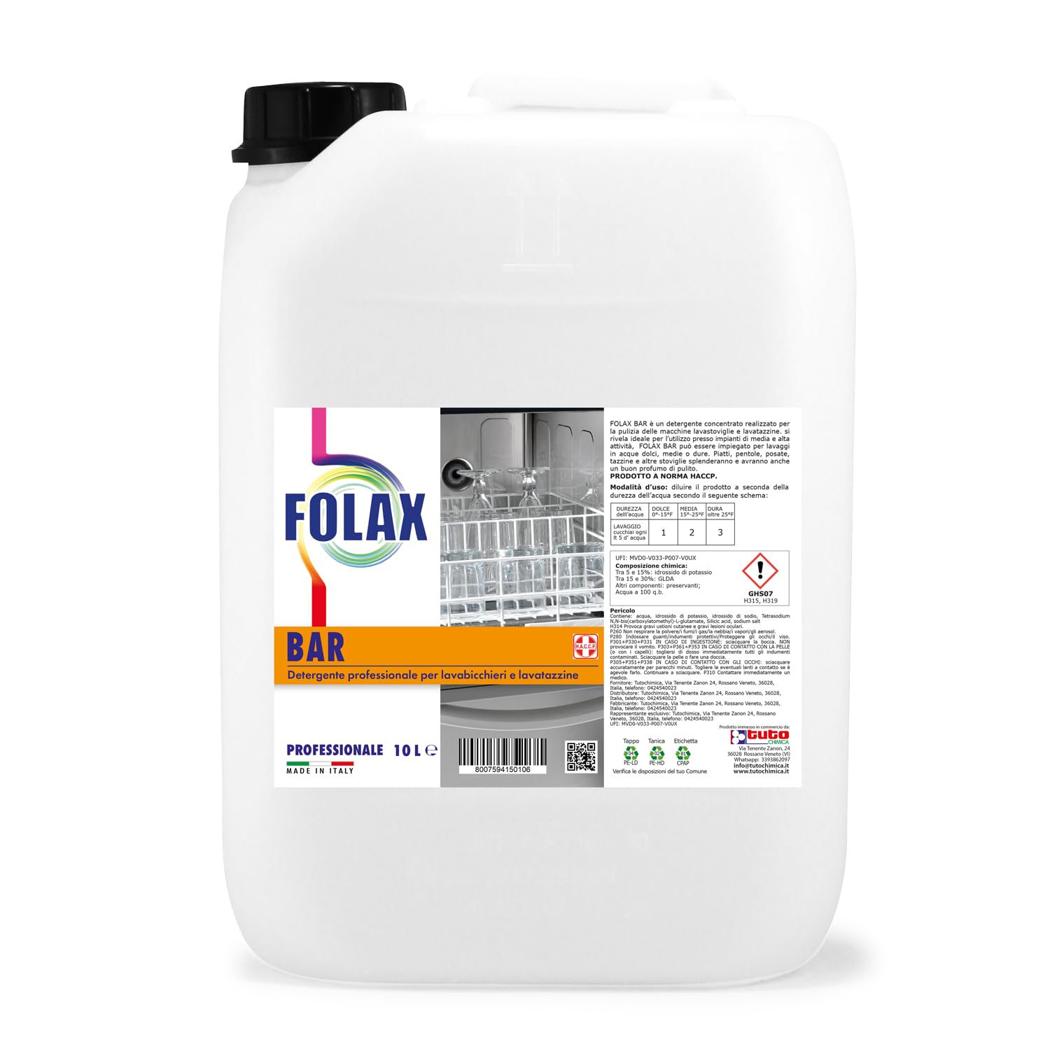 FOLAX BAR LT 10 Detergente Lavabicchieri Bar, Detersivo Professionale Lavastoviglie, Lavabicchieri e Lavatazzine, Concentrato, HORECA, Haccp