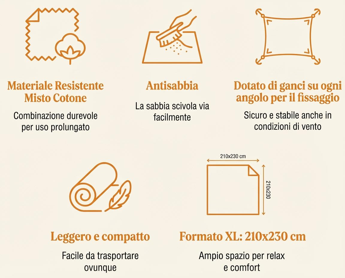 EASY HOME, Arazzo Multiuso, Telo Mare Grande Per Spiaggia, Antisabbia, 210x230 cm, Ideale per Picnic, Yoga o Campeggio, Con Pratici Ganci agli Angoli Per Fissaggio, In Cotone (Fiori 1)
