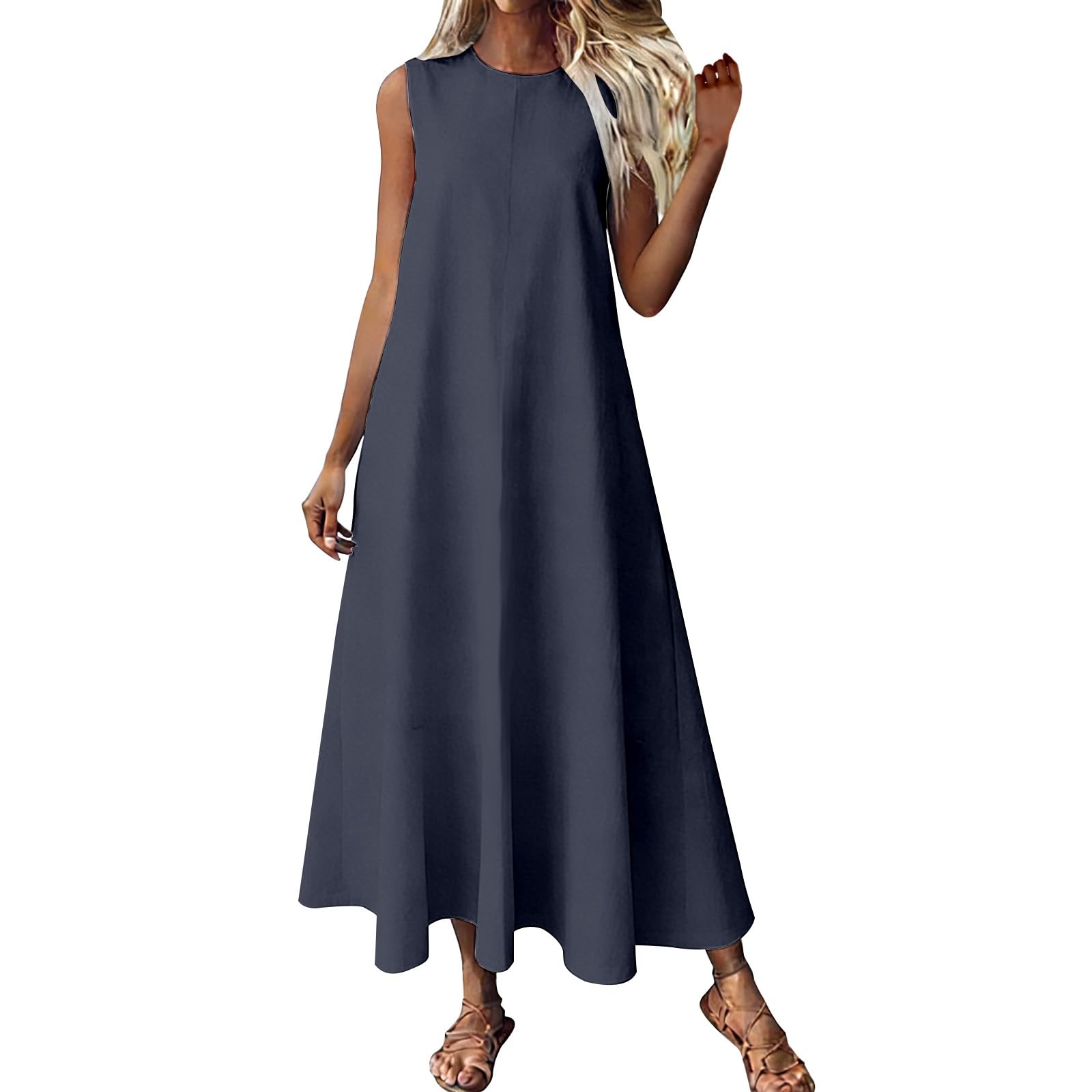 Angxiwan Womens Summer Dresses UK Summer Dresses for Women UK Plus Size Sleeveless A-Line Maxi Dress Casual Solid Color Loose Fit Beach Sundress Ladies Crewneck Ladies Italian+Dress