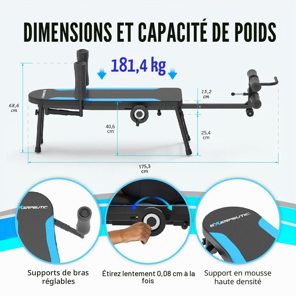 Exerpeutic Dispositif de Traction Alternatif d'inversion - Table de Traction Lombaire - Étireur Dorsal pour soulager Les douleurs dans Le Bas du Dos sans se Retourner - Capacité de Poids de 158,8 kg