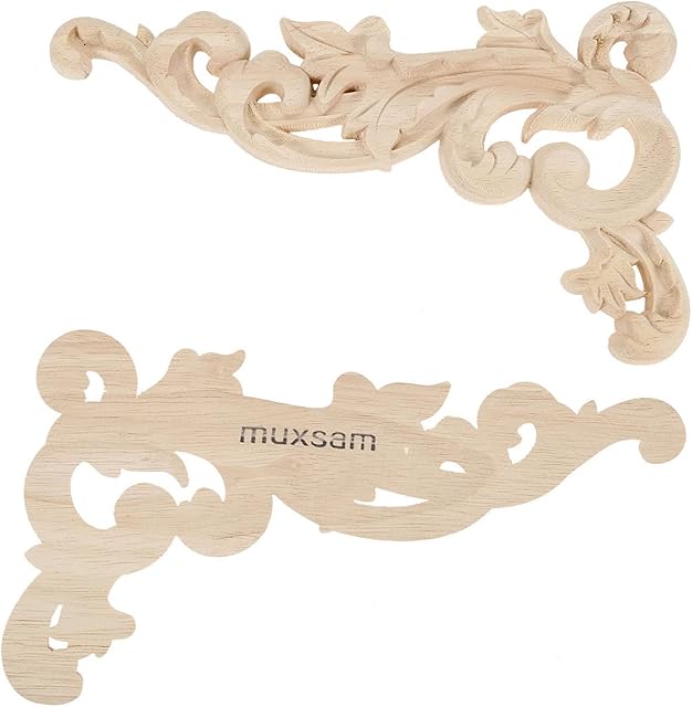 MUXSAM 2pcs Wood Carved Mouldings Corner Applique Onlay Frame Furniture Craft Unpainted 19 * 11 * 0.8cm Sculptures for Home British Farmhouse Style