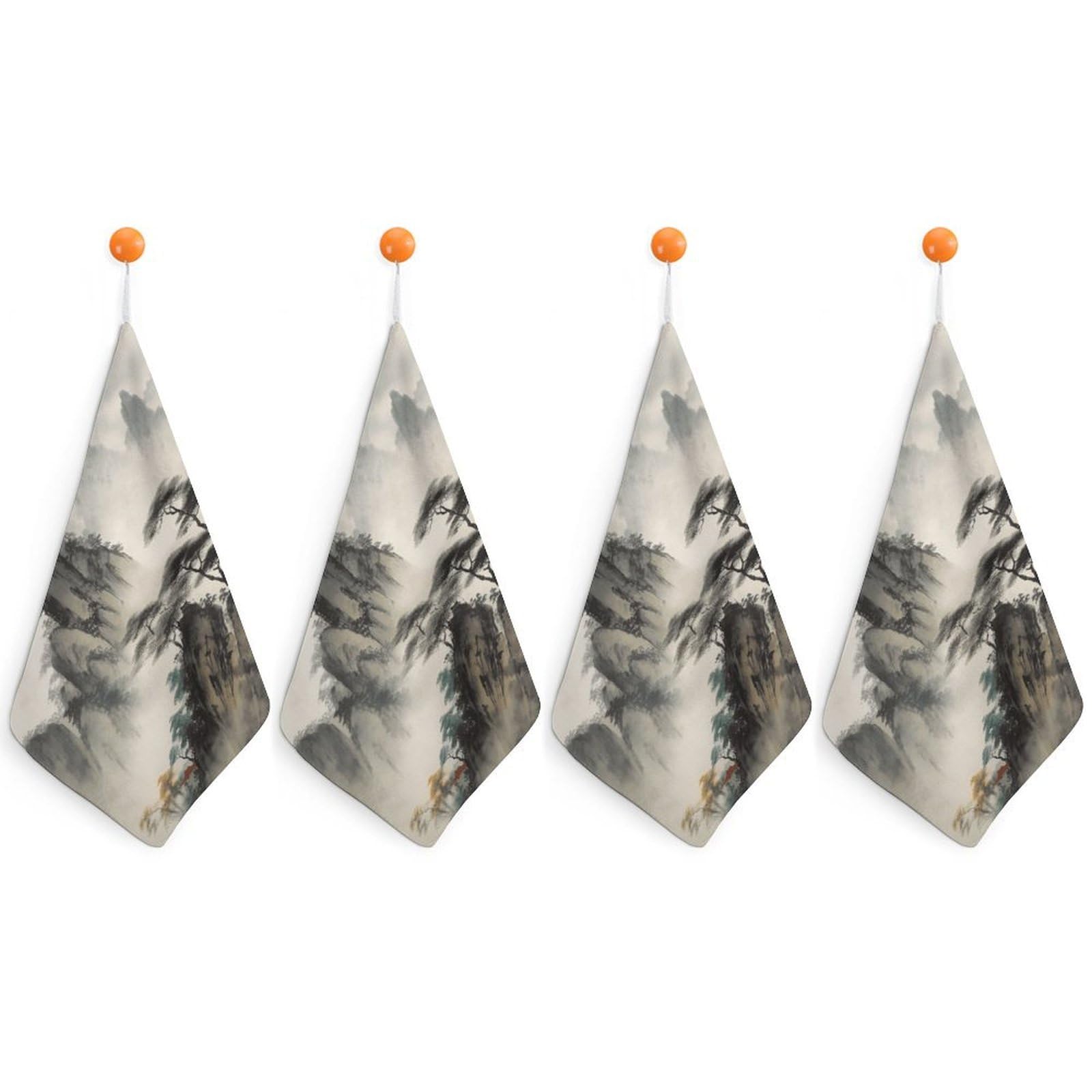 FodPand Chinese Landscape Painting Hand Towels with Hanging Strap Fade Resistant Reusable Face Cloths Premium Dish Cloths Absorbent Washcloth Soft Small Towels for Kitchen Bathroom 11x11in