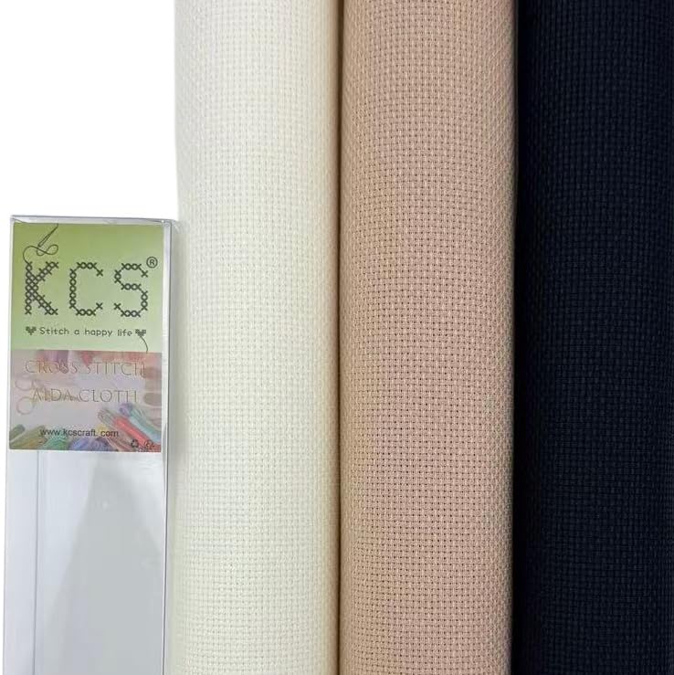 Image of KCS 3 pc of 15 inch x 18 inch(38cmx45cm) Counted Cross Stitch Cotton Aida Cloth Needlework Rolled Fabric Box,16CT,Antique White+Khaki+Black
