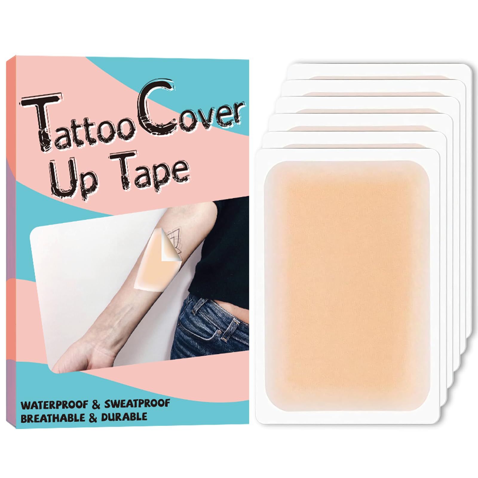 Tattoo Cover Up Tape, Ultra Thin Patch for Tattoo Scar and Birthmarks, Invisible Waterproof Skin Tone Concealer Sticker for Covering Up Scars Tattoos, New Model, 6 Pcs - Medium Skin