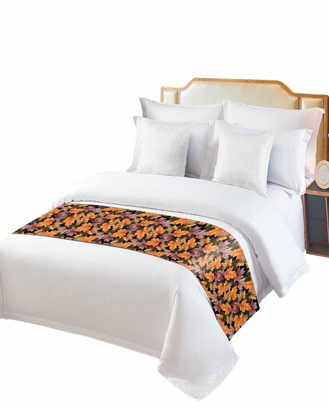 Twin Bed Runner Autumn Ombre Orange Brown Leaf Bedding Runner Scarves Decorative Bed Scarf, Maple Leaves on Black Soft Bedding Scarf for Bedroom Hotel Wedding 71x20in