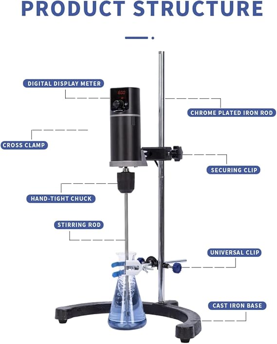 Lab Speed Stirrer, LCD Digital Display Electric Mixer, Overhead Precision Vertical Mixer, Rotating Speed 100-2000rpm for Solid-Liquid Mixing Experiments