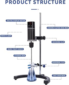 Lab Speed Stirrer, LCD Digital Display Electric Mixer, Overhead Precision Vertical Mixer, Rotating Speed 100-2000rpm for Solid-Liquid Mixing Experiments
