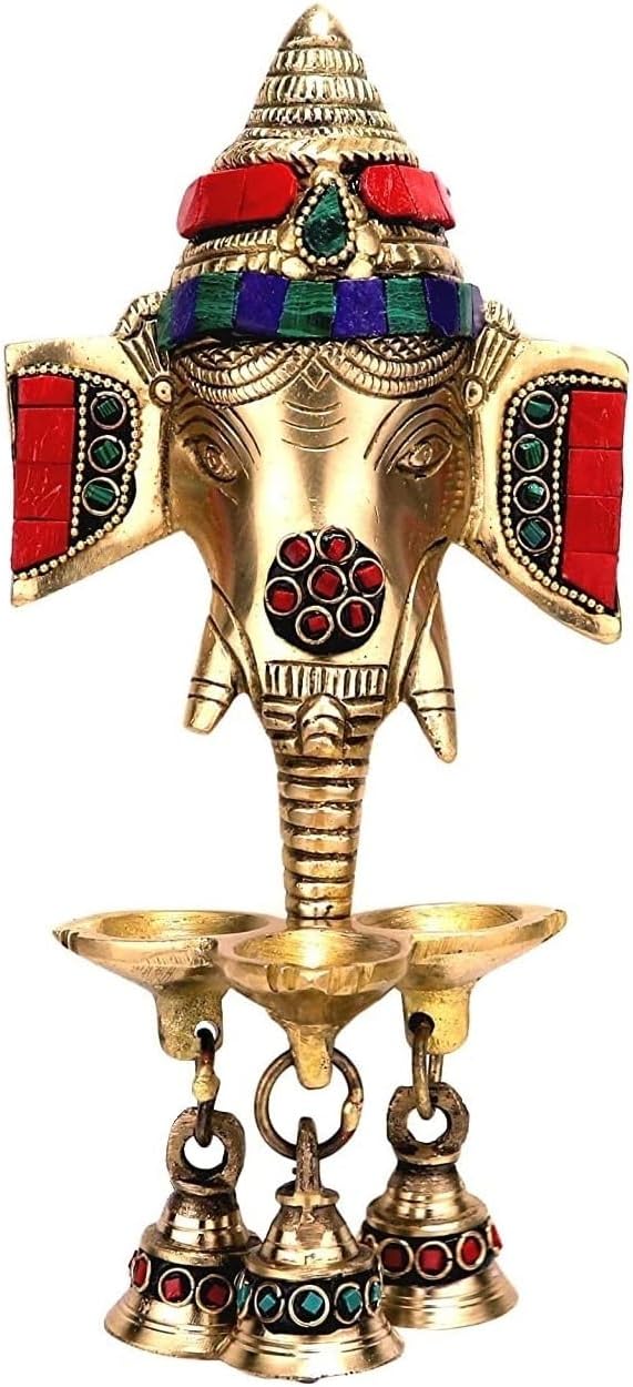 NOBILITY Ganesha Brass Diya Hanging with Bell Gemstone Work Ganesh Idol Statue Oil Lamp for Home Temple Mandir Office Decorative Pooja Set Puja Thali Diwali Wedding Return Gift Items