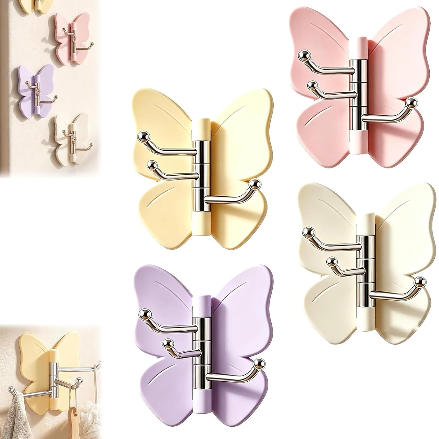 4 Pack Rotating Butterfly Adhesive Wall Hooks, No-Damage No-Drill (4pcs)