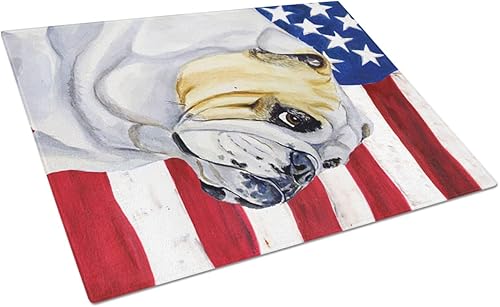 Caroline's Treasures LH9018LCB Bandera estadounidense con tabla de cortar de vidrio Bulldog Inglés, grande, 12 pulgadas de alto x 16 pulgadas de