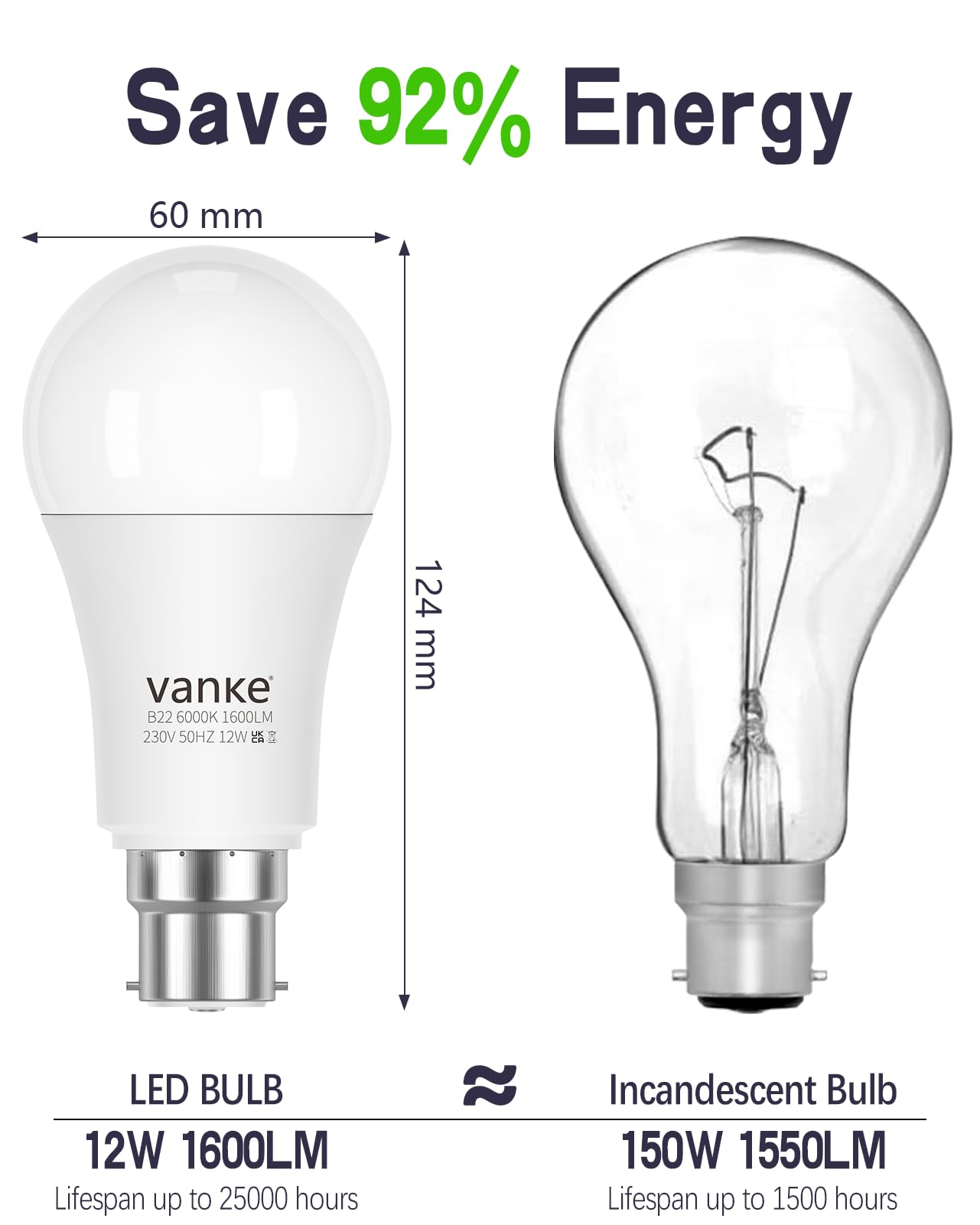 Vanke Bright Bayonet Light Bulb 150W Equivalent, 12W 1600 Lumen B22 LED Bulbs, Cool White 6000K - Image 3
