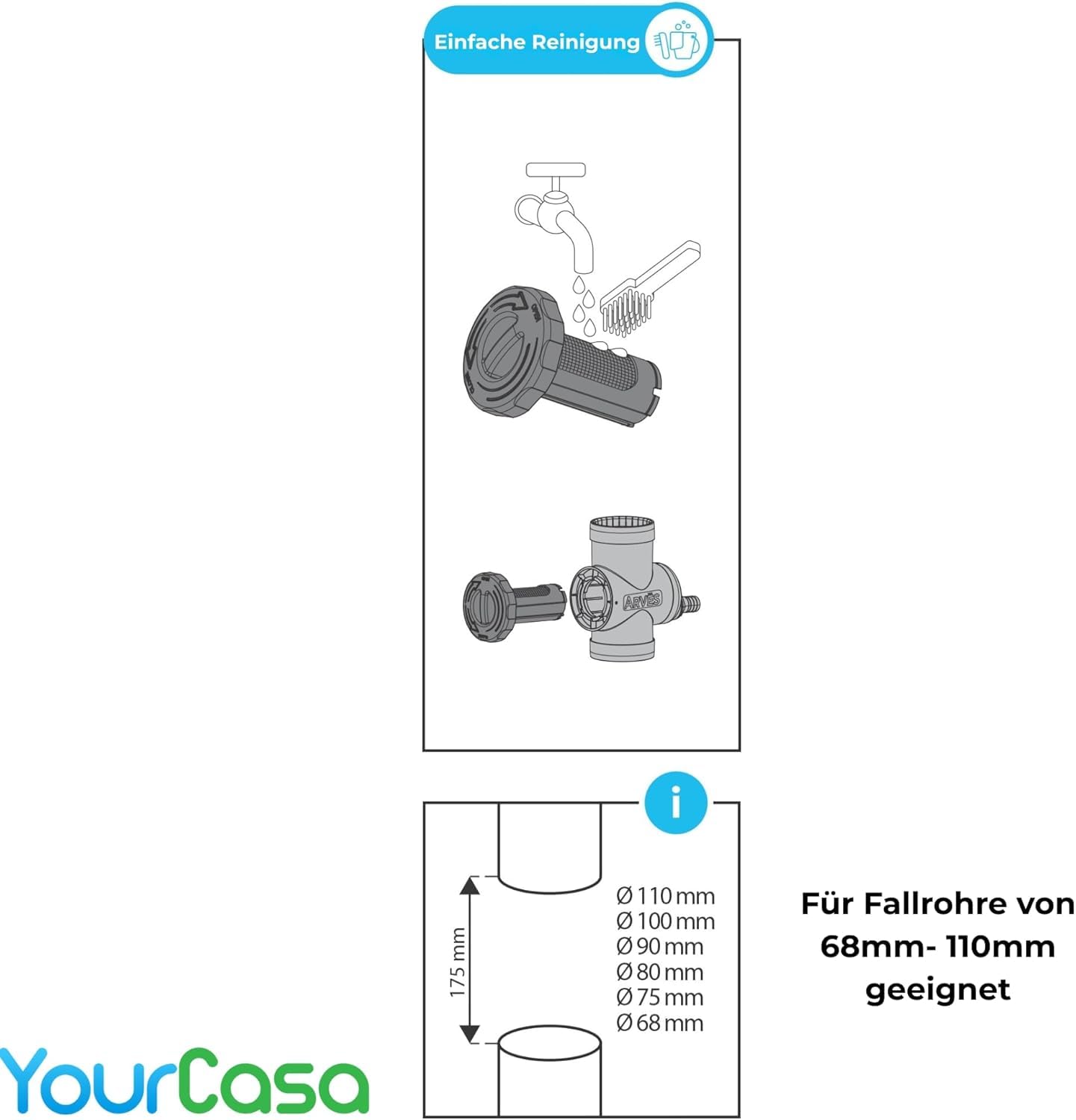 YourCasa Colector de lluvia [Downpipe] con manguera de conexión de 30 cm y paso de barril de lluvia, tope de desbordamiento, grifo de paso y filtro de metal, tubo bajante de 68 – 110 mm DN100 desagüe