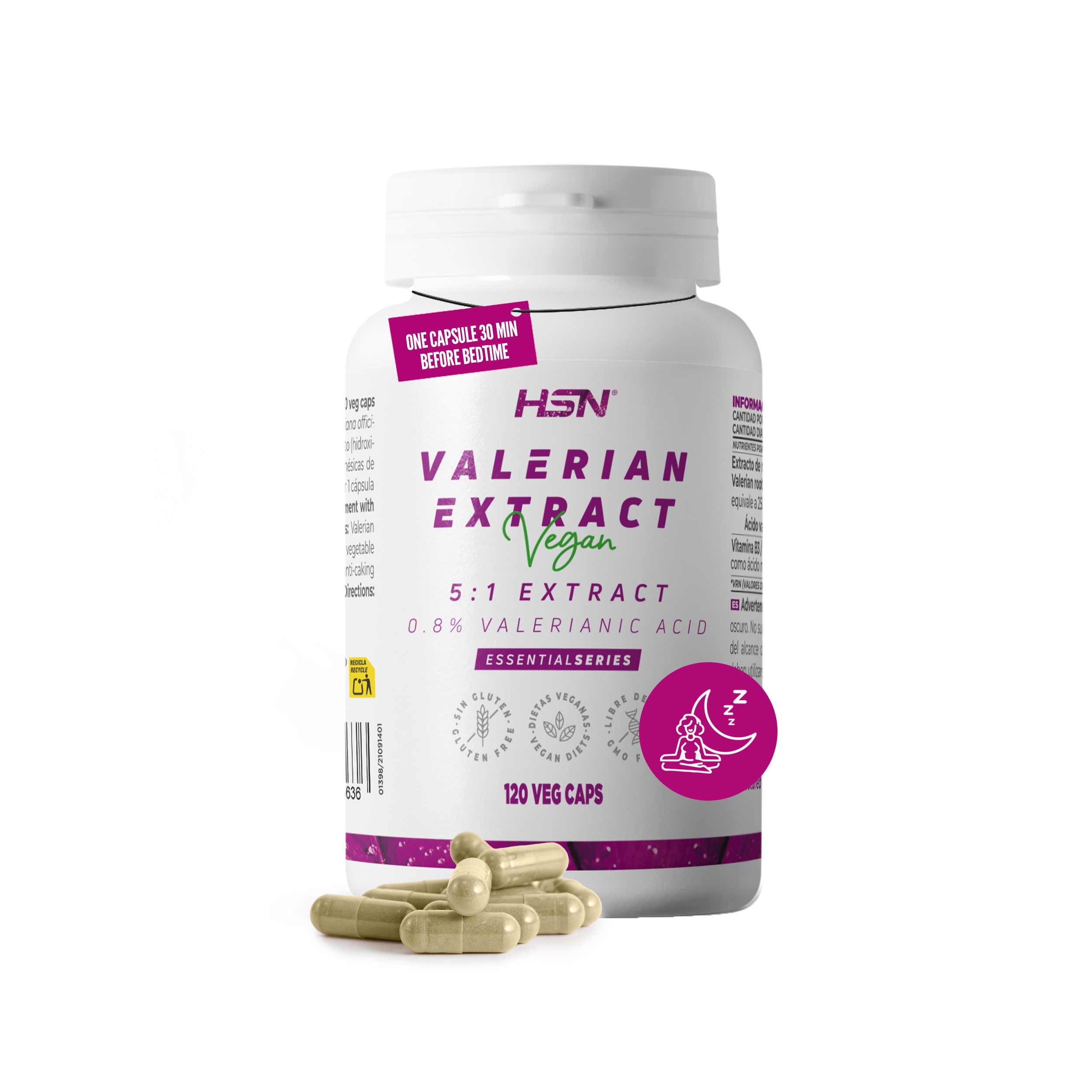 HSN Extracto de Valeriana 500mg | 120 Cápsulas Vegetales | 2500mg Raíz de Valeriana officinalis (0,​8% ácido valeriánico) por Dosis Diaria | No-​GMO, Vegano, Sin Gluten