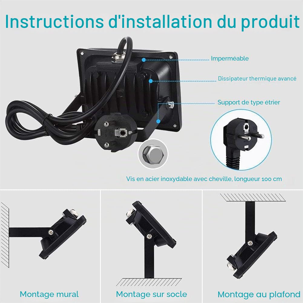 papasbox Projecteur LED avec prise 10 W 20 W 30 W 50 W 100 W extérieur imperméable IP65, Aluminium + PC., blanc chaud, 100W