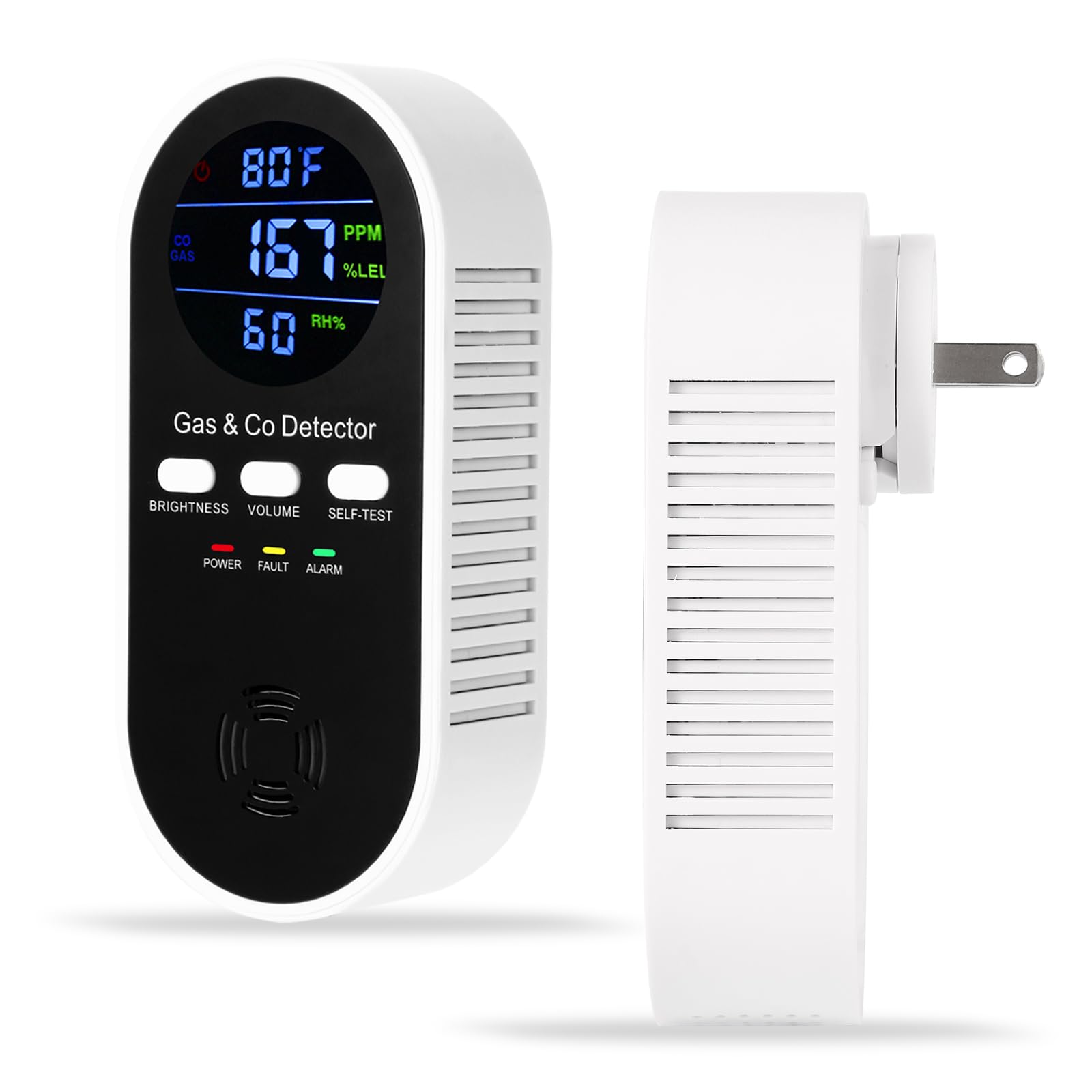 Combined 5 in 1 Natural Gas Detector and Carbon Monoxide Alarm, Explosive Gas and CO Detector with AC Plug with Adjustable Volume and Brightness, Battery Backup, Temperature Sensor (°F) and