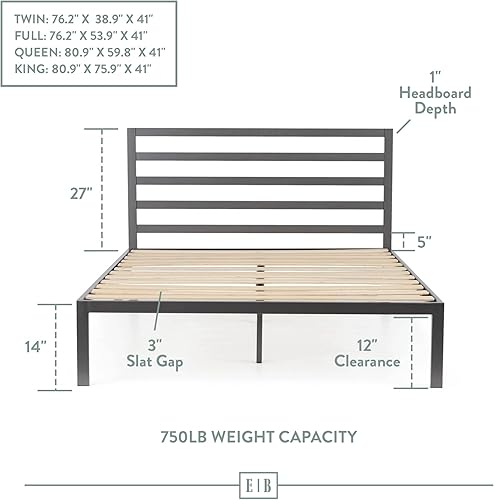 Miniatura 25 de Edenbrook Cassidy Marco de cama de plataforma de metal con cabecera de metal, no requiere somier, soporte de listones de madera, negro, tamaño Queen
