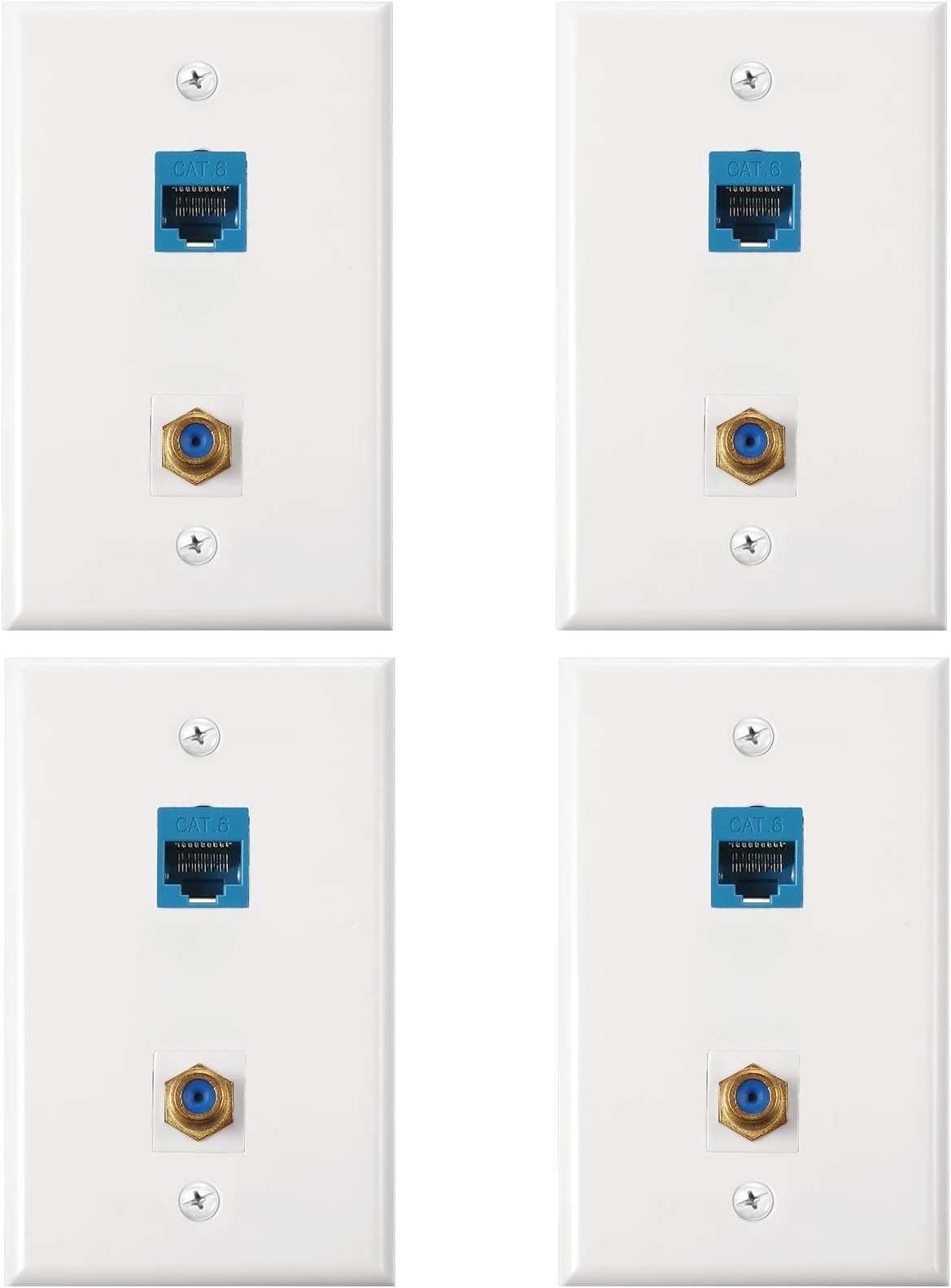 4 Pack Ethernet Coax Wall Plates, Cat6 Coax Wall Plate with Ethernet Port and Gold-Plated TV Coax Cable F-Type Port (Blue)