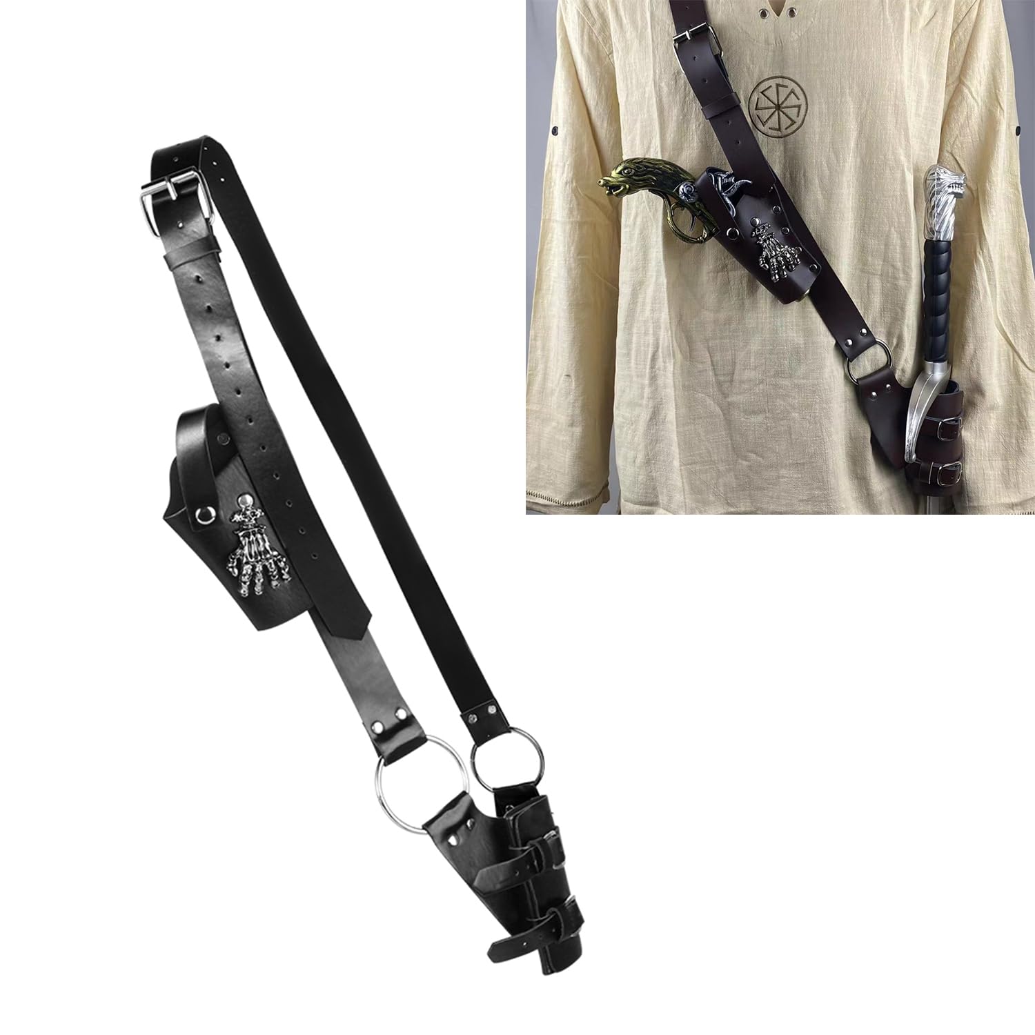Cosplay Leather Belt with Sword Holster Dagger Frog Holder Set Adjustable Medieval Knight Pirate Warrior Skeleton Claw Shoulder Belt Costume Accessories for Halloween Fancy Dress Stage Performances