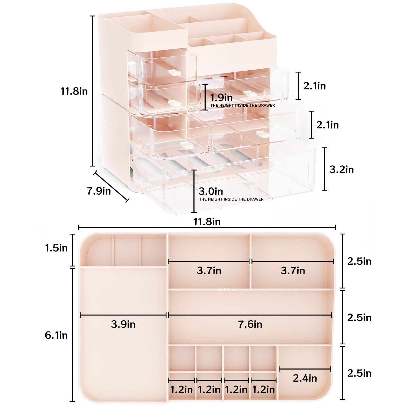 SuoXing Organizer per trucchi, grande capacità, organizer da banco per toeletta, impilabile, trasparente, 6 cassetti per riporre pennelli, rossetti e prodotti essenziali per la cura della pelle, rosa