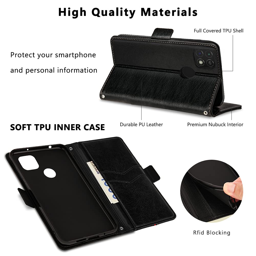 Cover Xiaomi Redmi 9C / Redmi 9C NFC, Custodia Flip Pelle Portafoglio, Magnetica Libro Slot Schede Redmi 9C NFC Cover, Slim Silicone TPU Bumper Wallet Antiurto Case Per Redmi 9C / Redmi 9C NFC Nero