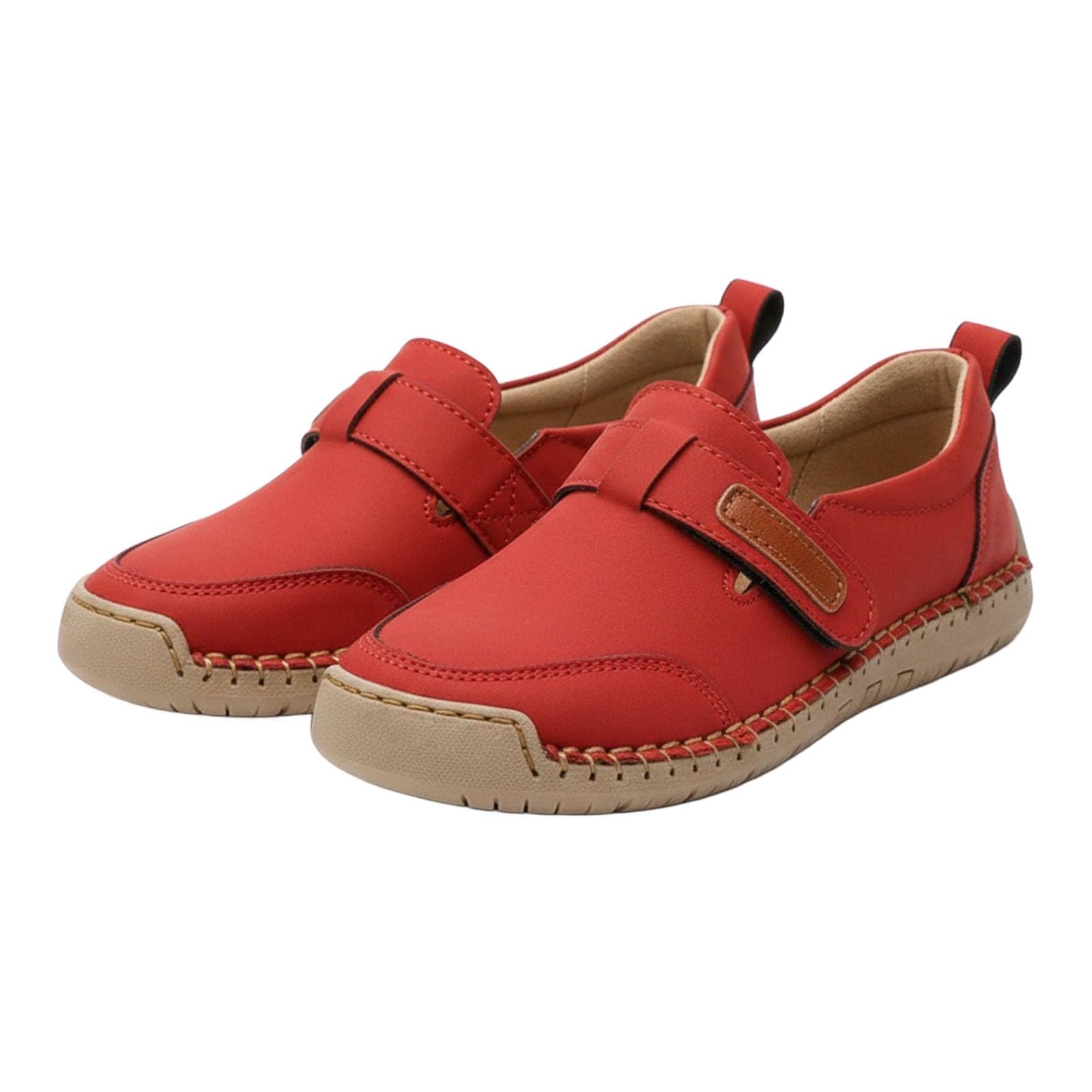 Mocasines casuales de cuero cosido para mujer, cómodos zapatos planos para caminar con correa ajustable de cierre táctil para recados diarios y viajes